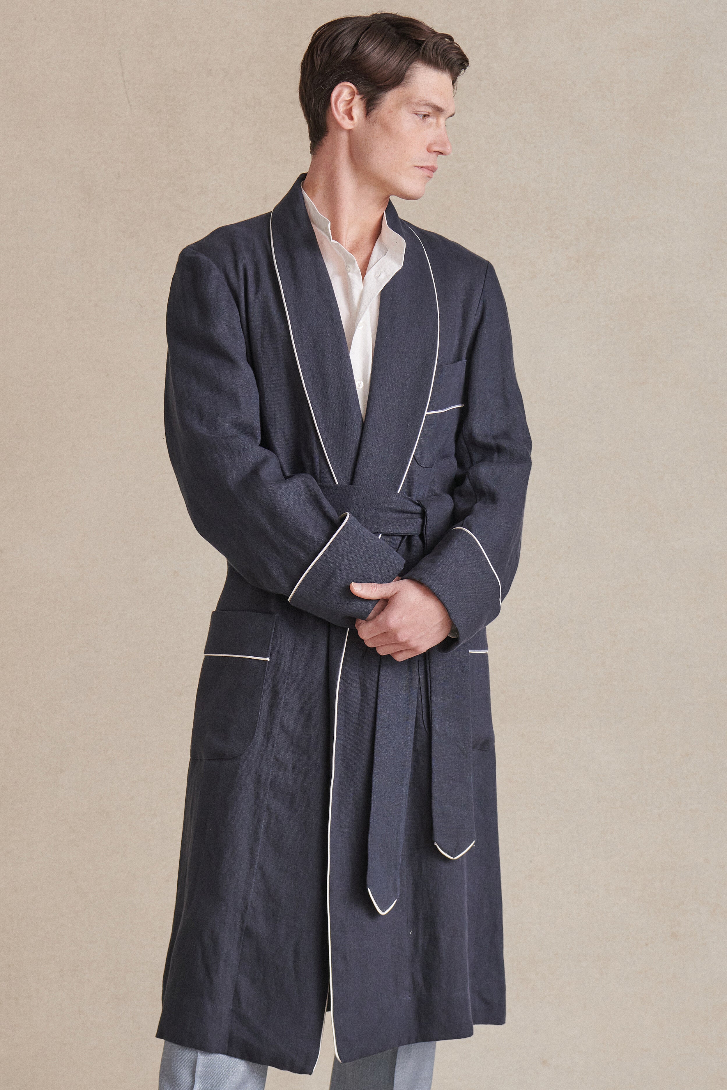 Navy Unlined Linen Dressing Gown