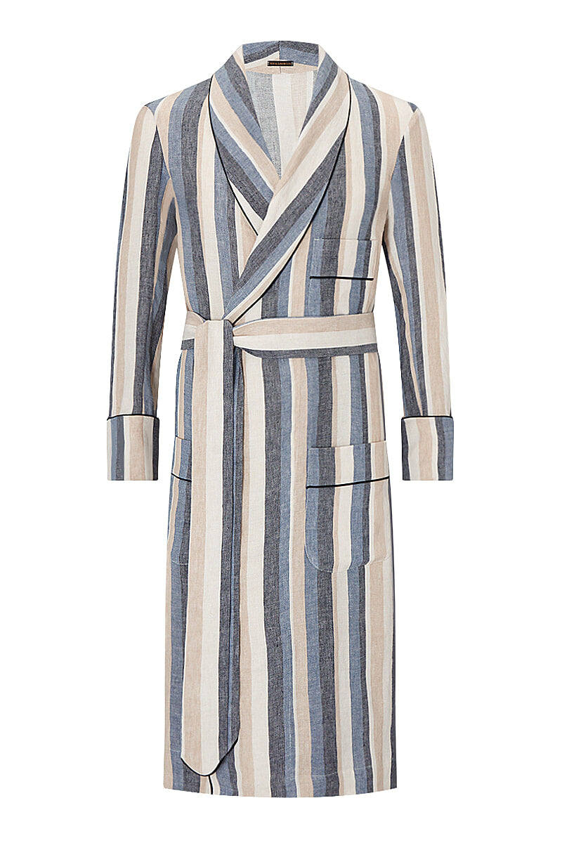 Blue & Beige Stripe Unlined Linen Dressing Gown