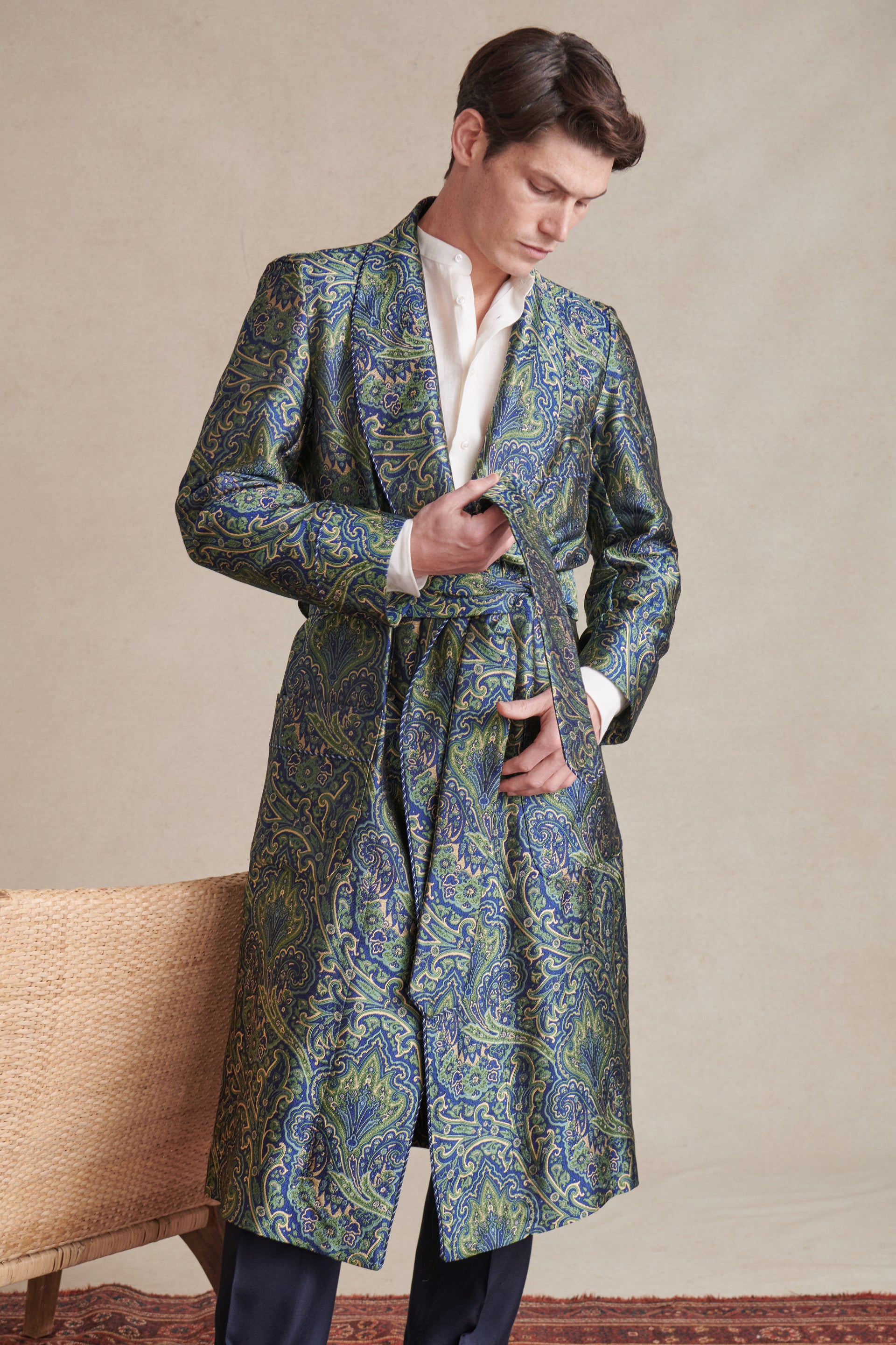 Green & Blue Crystal Paisley Unlined Silk Dressing Gown