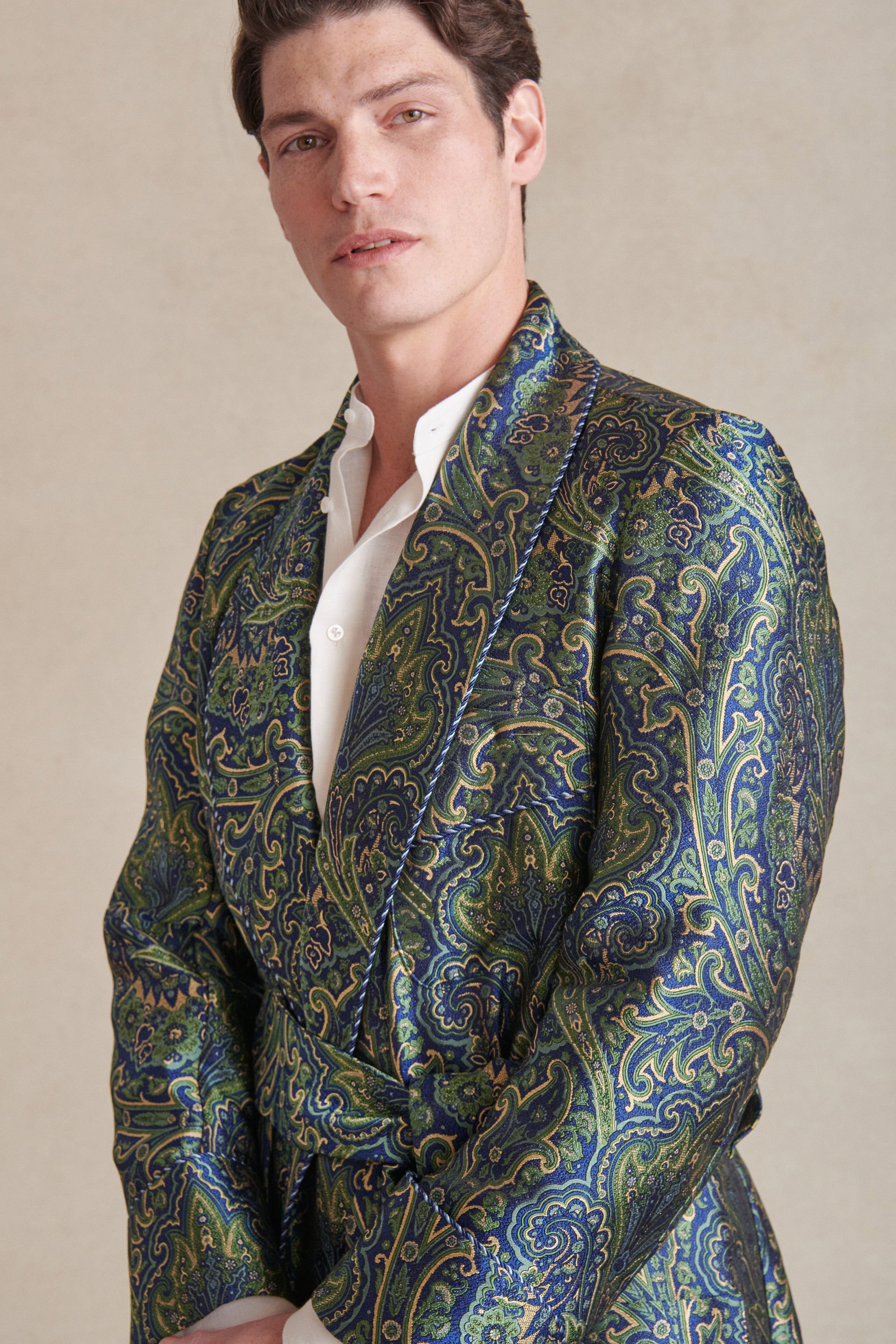 Green & Blue Crystal Paisley Unlined Silk Dressing Gown