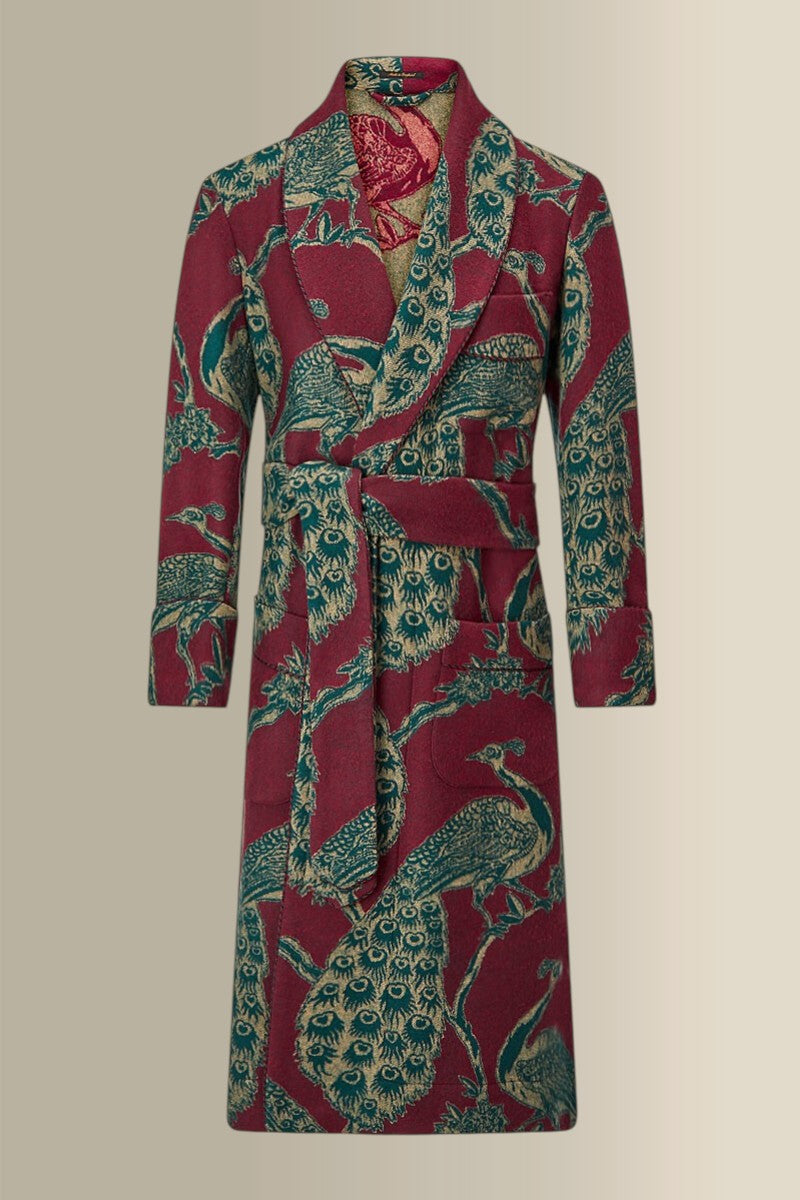 Red & Green Peacock Unlined Cashmere Dressing Gown