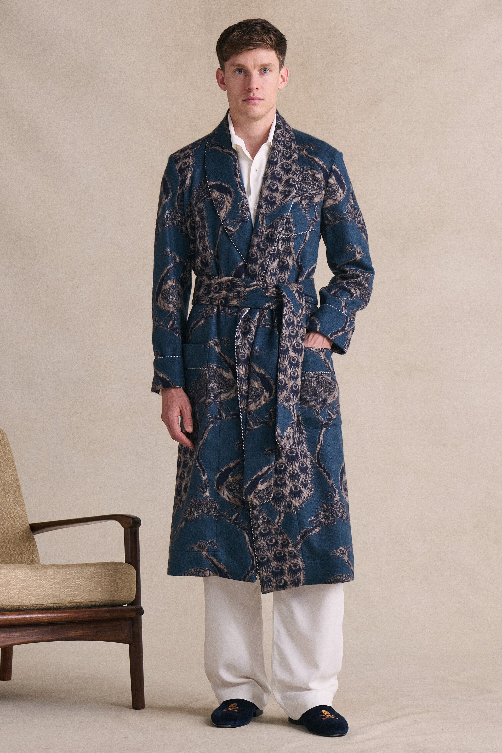 Teal & Navy Peacock Unlined Cashmere Dressing Gown