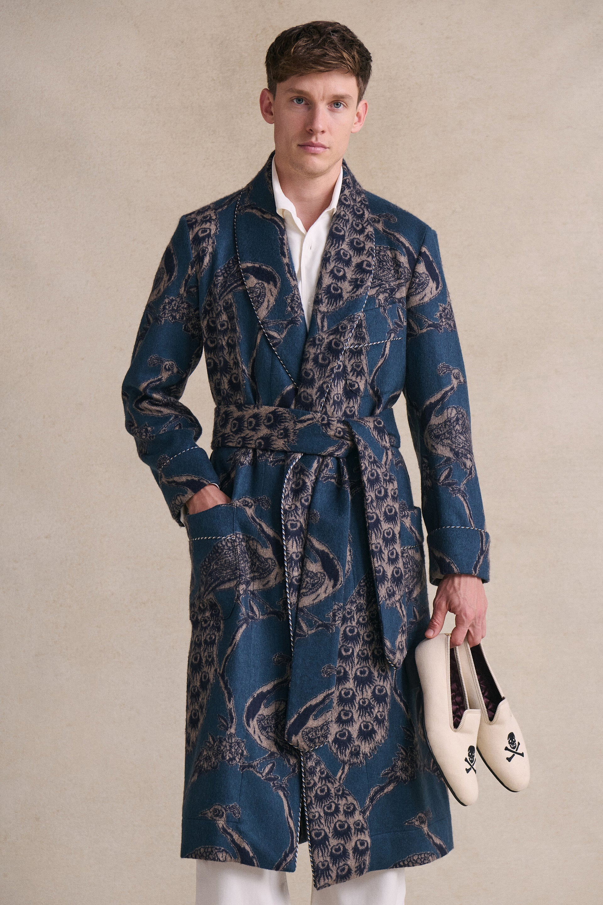 Teal & Navy Peacock Unlined Cashmere Dressing Gown
