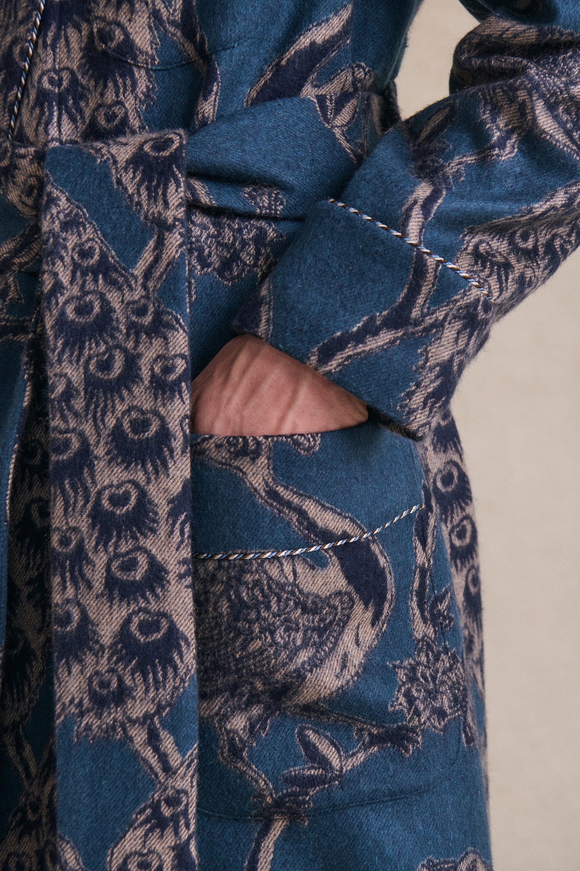 Teal & Navy Peacock Unlined Cashmere Dressing Gown