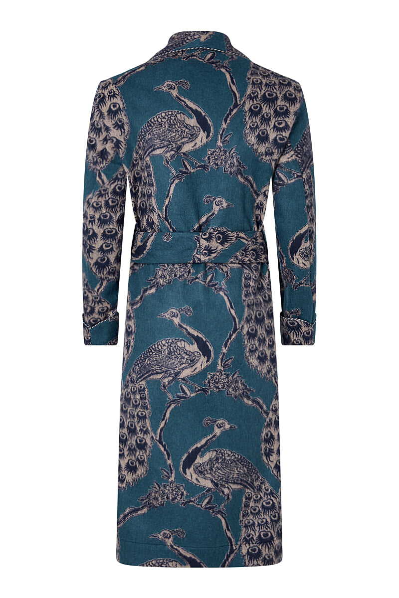 Teal & Navy Peacock Unlined Cashmere Dressing Gown