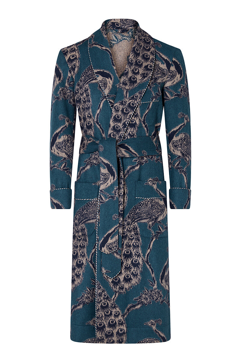 Teal & Navy Peacock Unlined Cashmere Dressing Gown