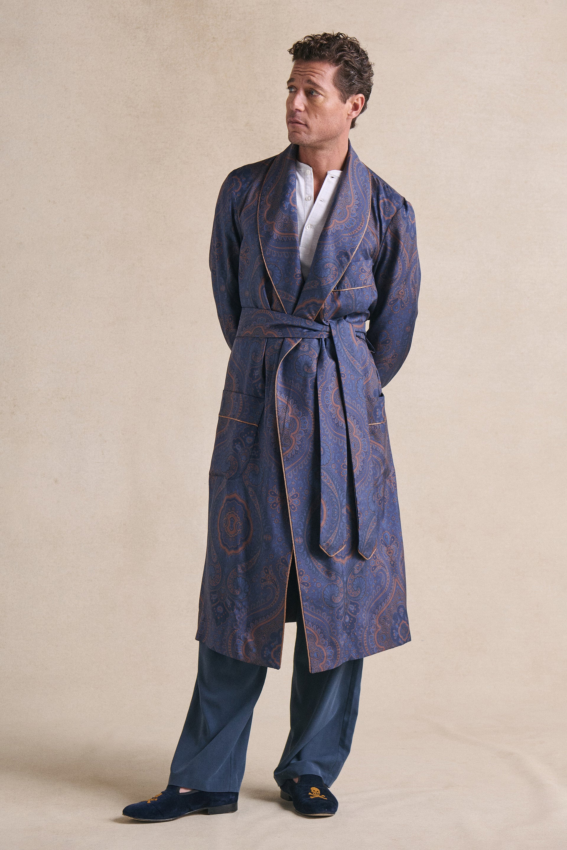 Navy Paisley Unlined Printed Silk Dressing Gown