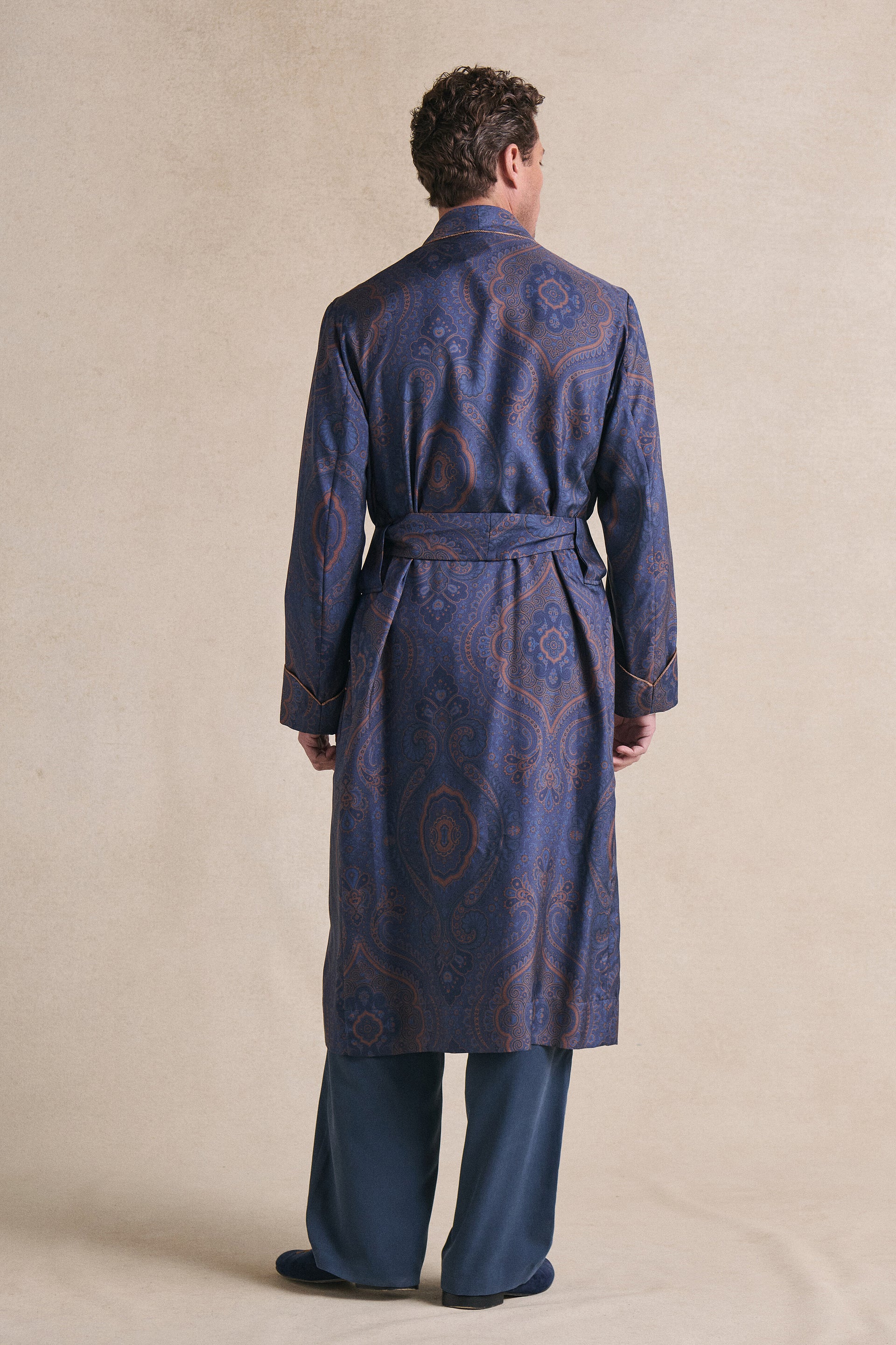 Navy Paisley Unlined Printed Silk Dressing Gown
