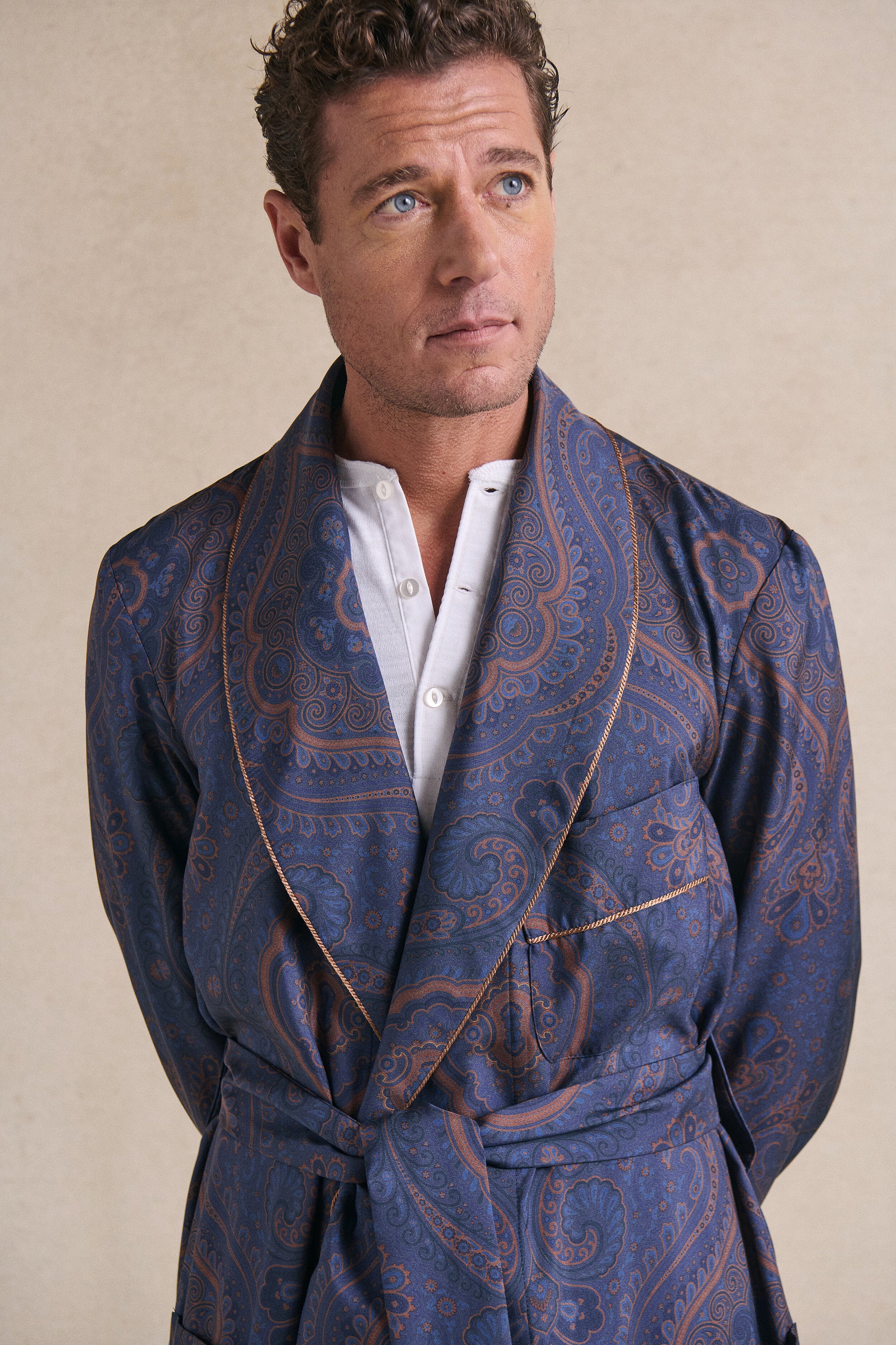 Navy Paisley Unlined Printed Silk Dressing Gown