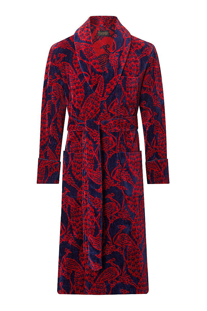 Navy & Red Peacock Towelling Bathrobe