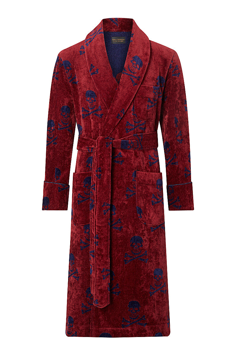 Burgundy & Navy Skull & Crossbones Towelling Bathrobe