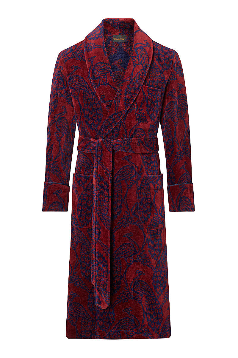 Burgundy & Navy Peacock Towelling Bathrobe