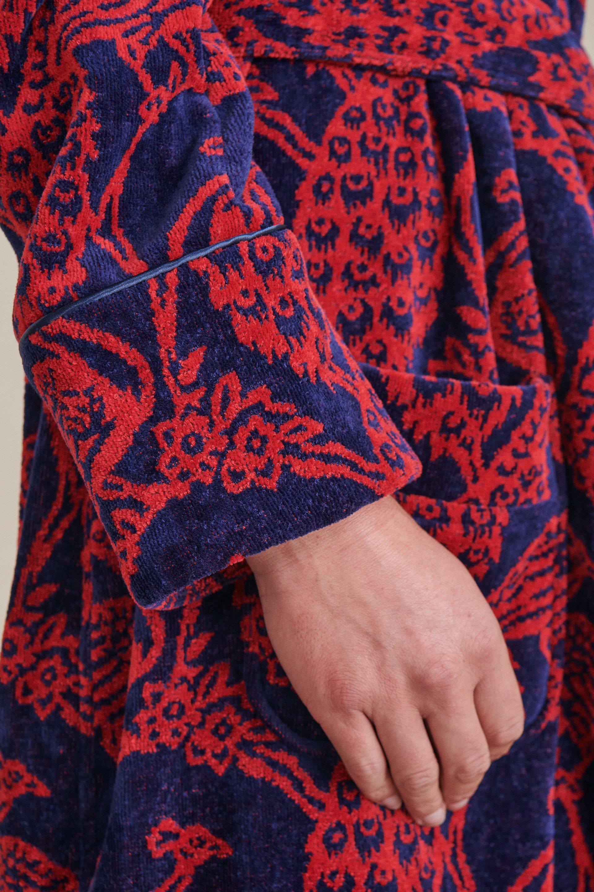Navy & Red Peacock Towelling Bathrobe