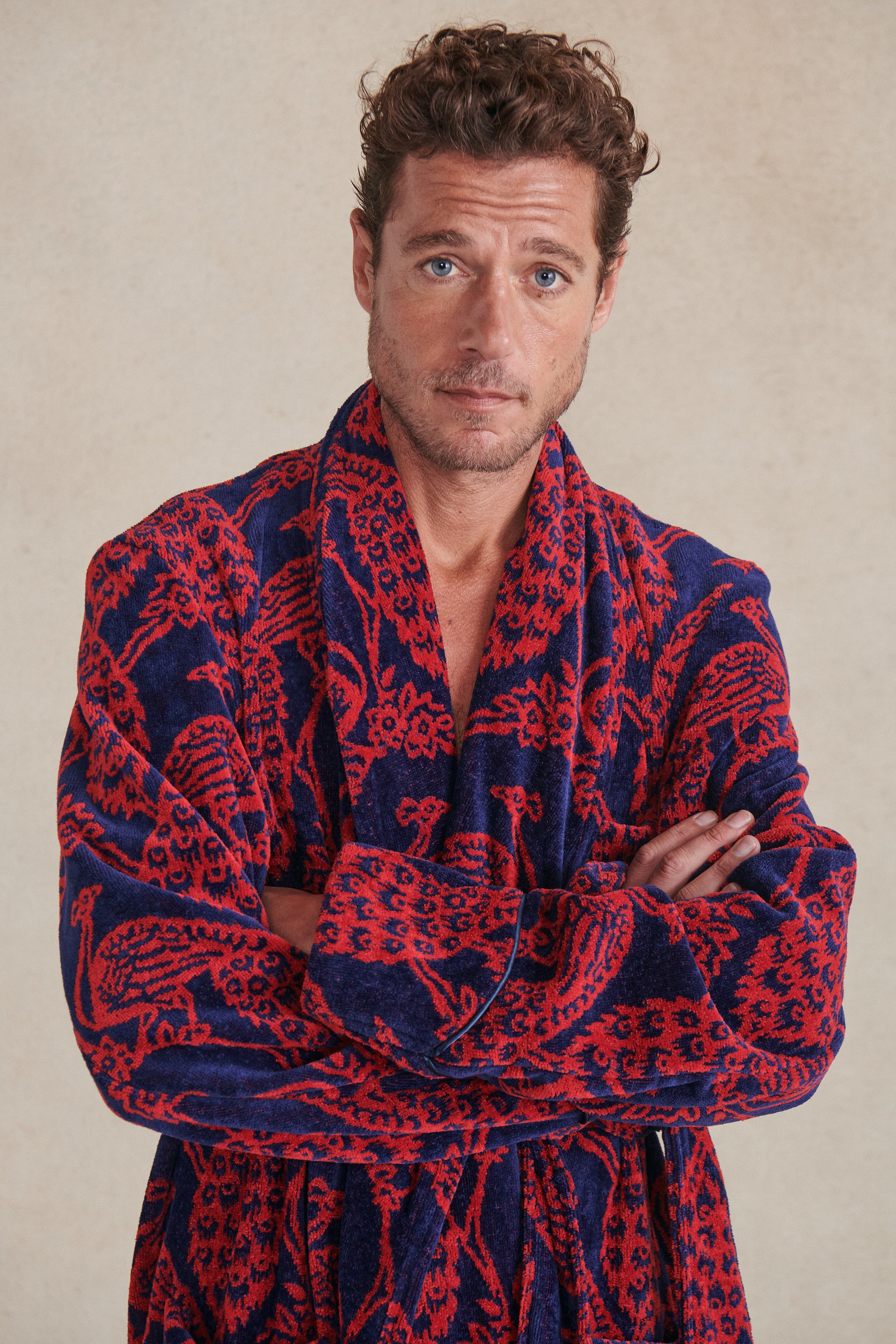 Navy & Red Peacock Towelling Bathrobe