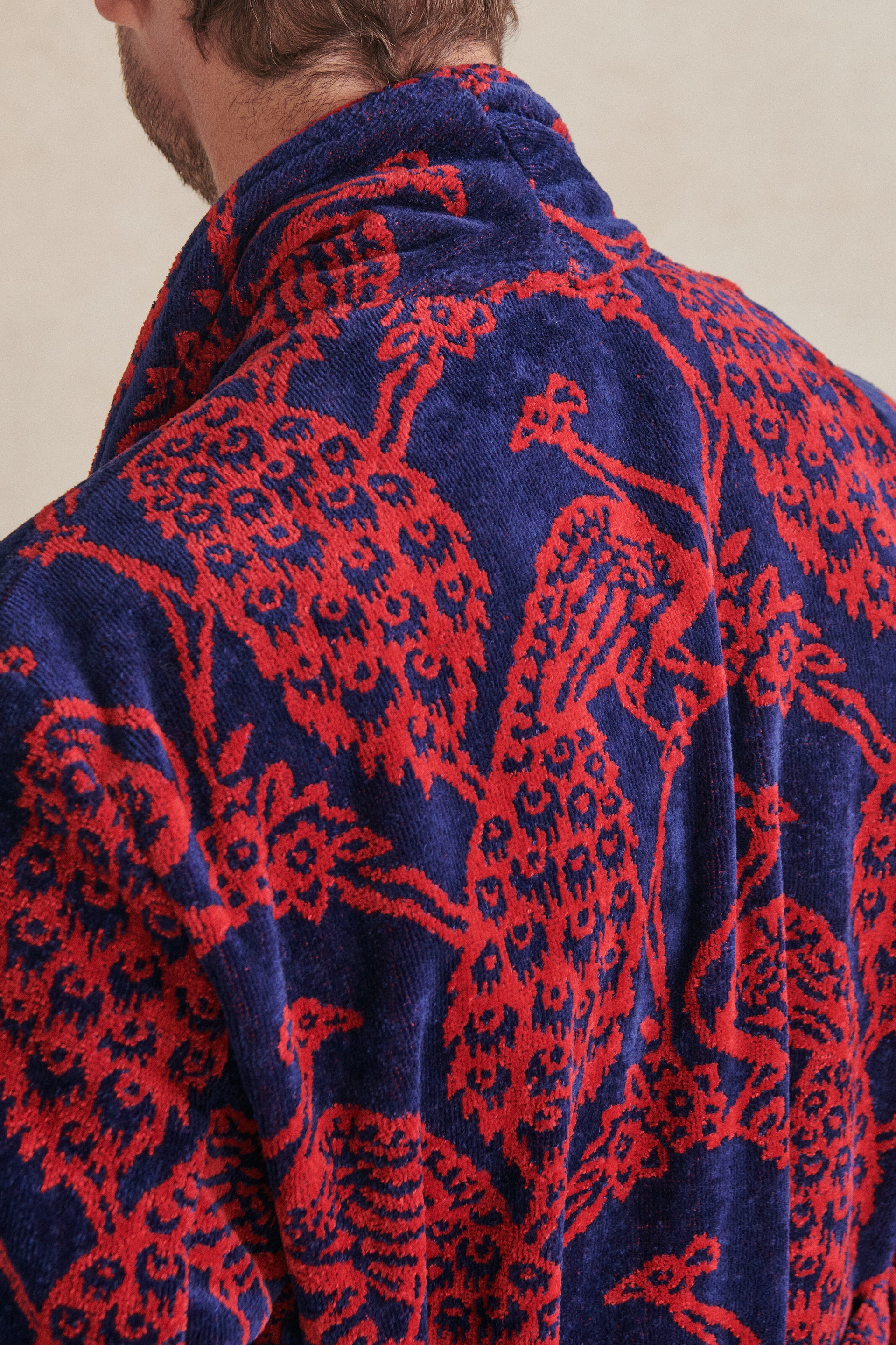 Navy & Red Peacock Towelling Bathrobe