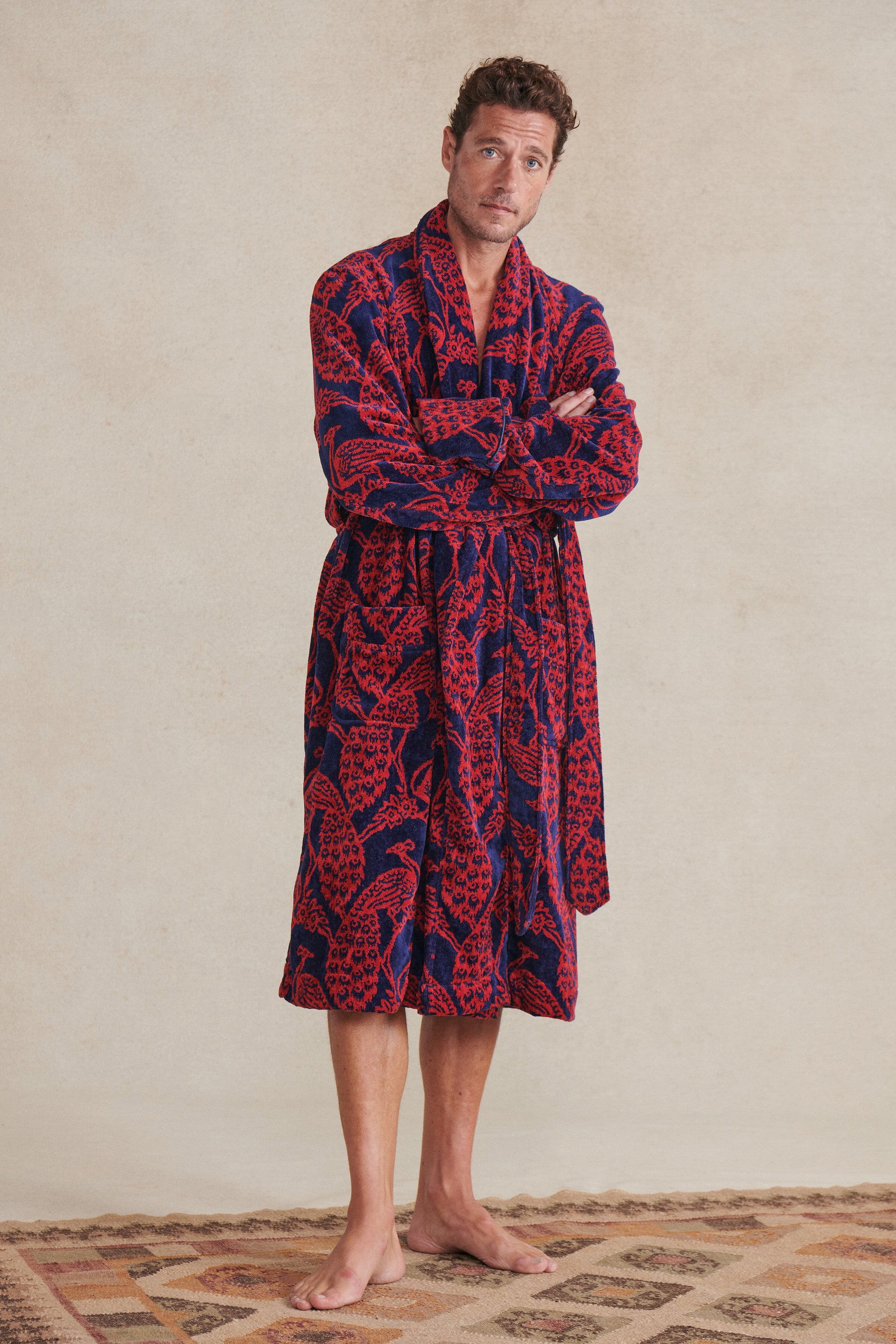 Navy & Red Peacock Towelling Bathrobe