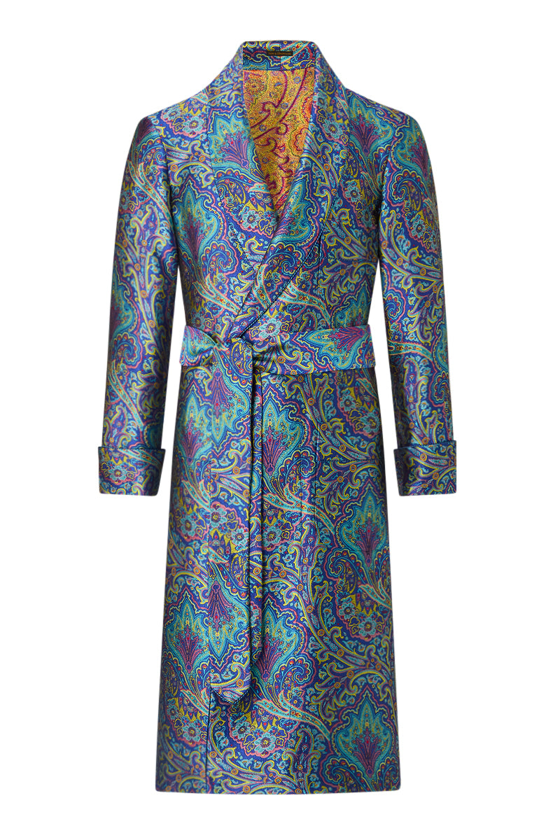 Turquoise & Blue Crystal Paisley Unlined Silk Dressing Gown
