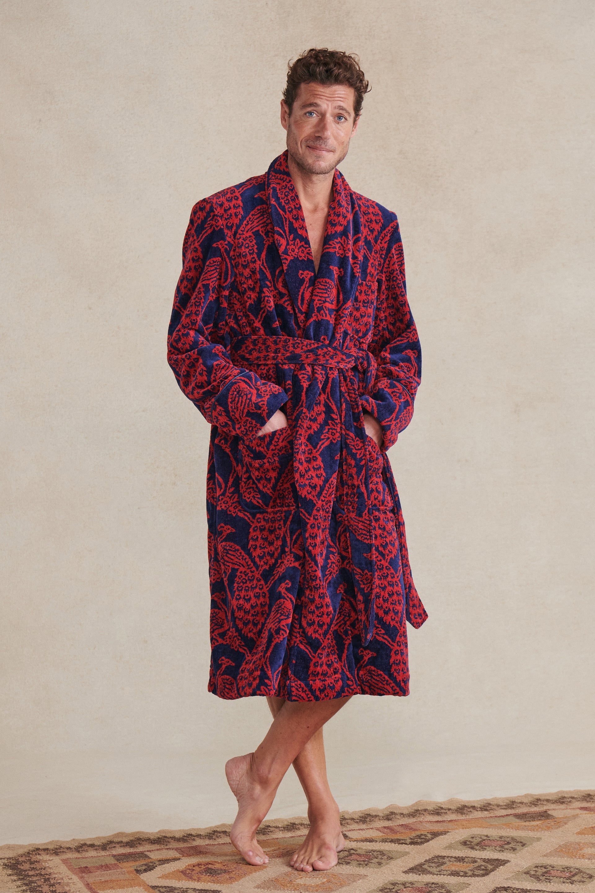 Navy & Red Peacock Towelling Bathrobe