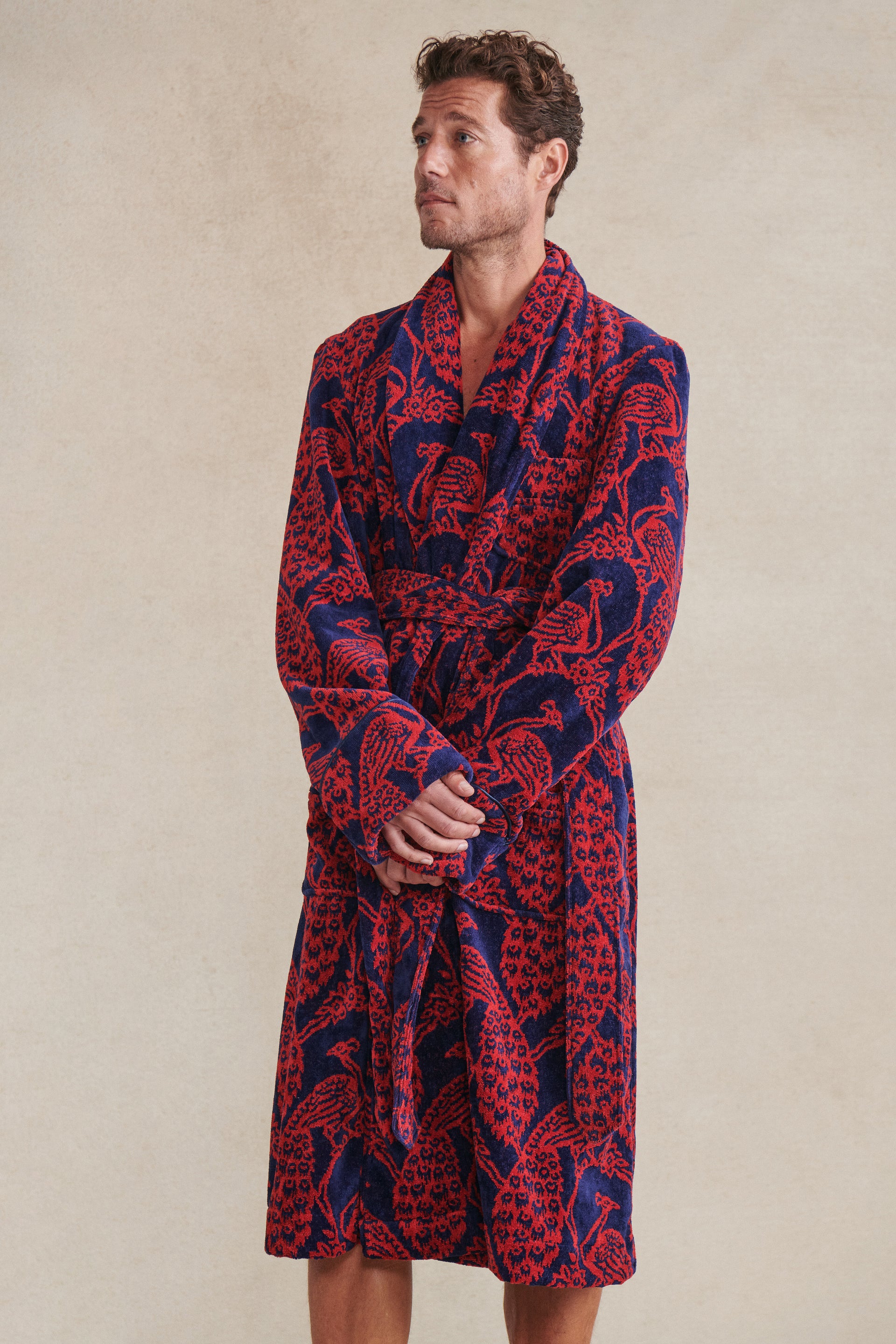 Navy & Red Peacock Towelling Bathrobe