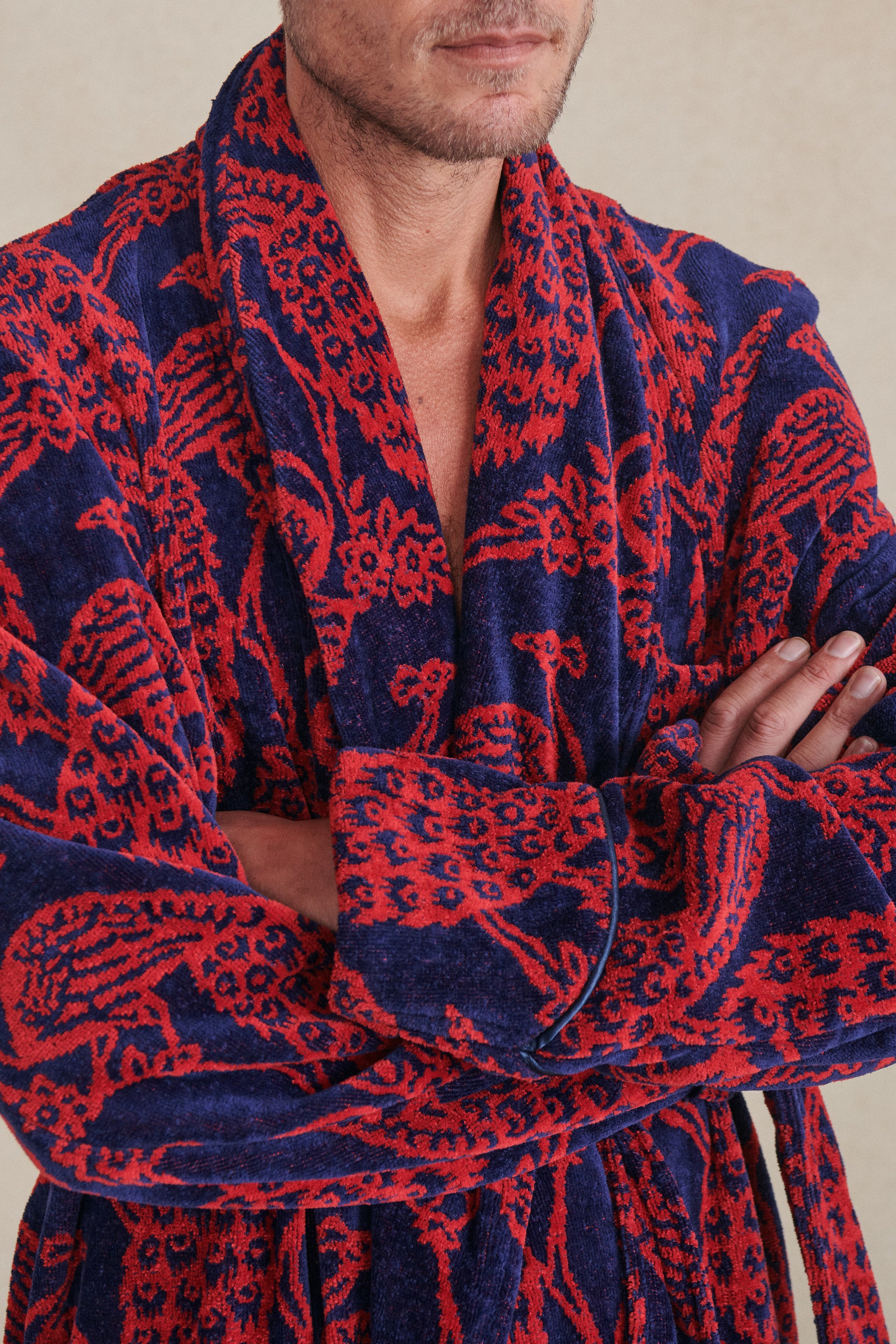 Navy & Red Peacock Towelling Bathrobe