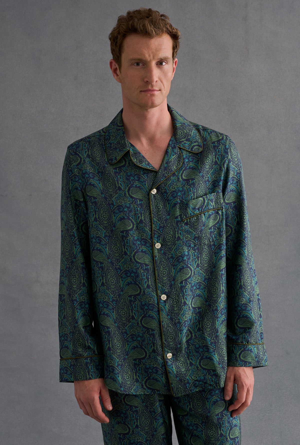 Navy & Green Paisley Peacock Silk Pyjama Set