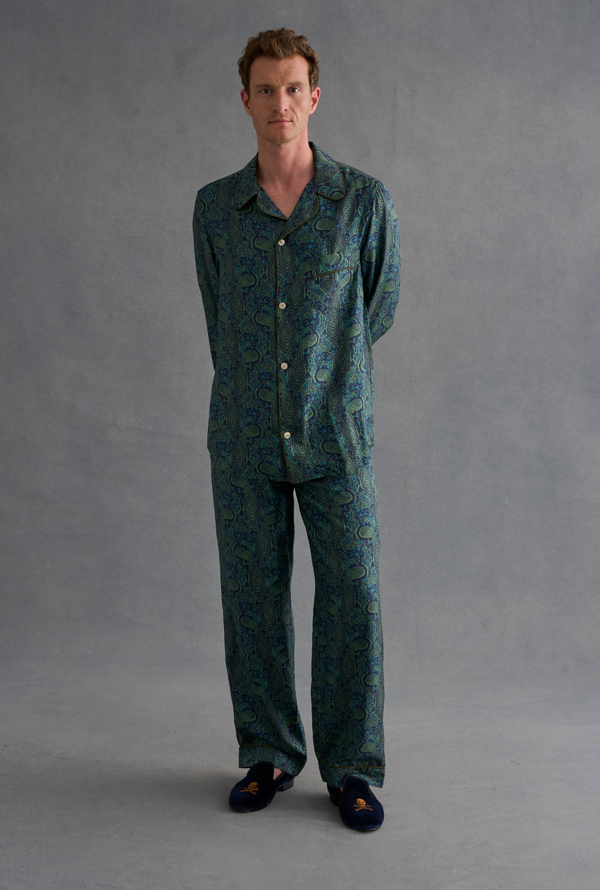 Navy & Green Paisley Peacock Silk Pyjama Set
