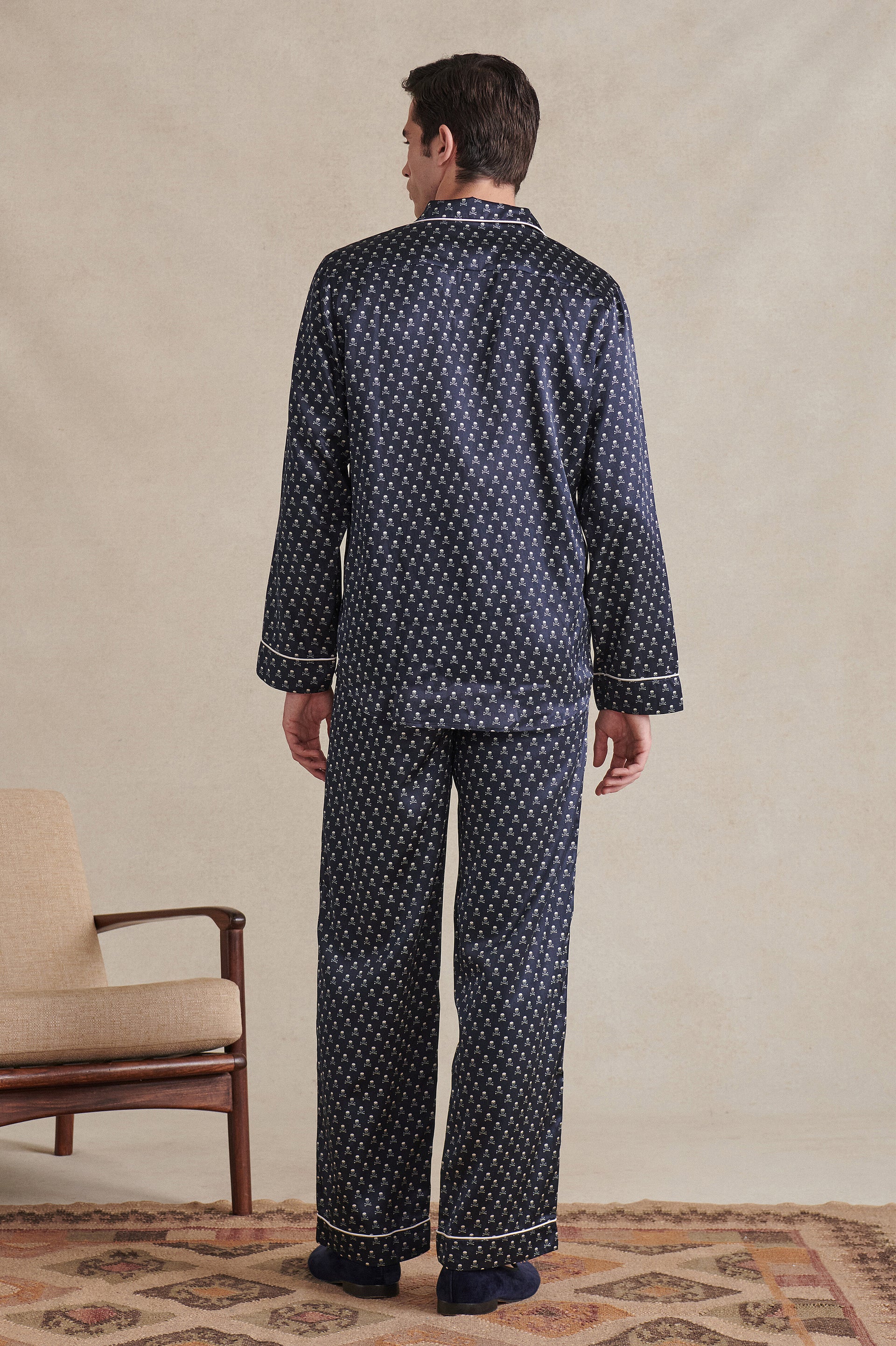 Navy & Cream Skull & Crossbones Silk/Cotton Pyjama Set
