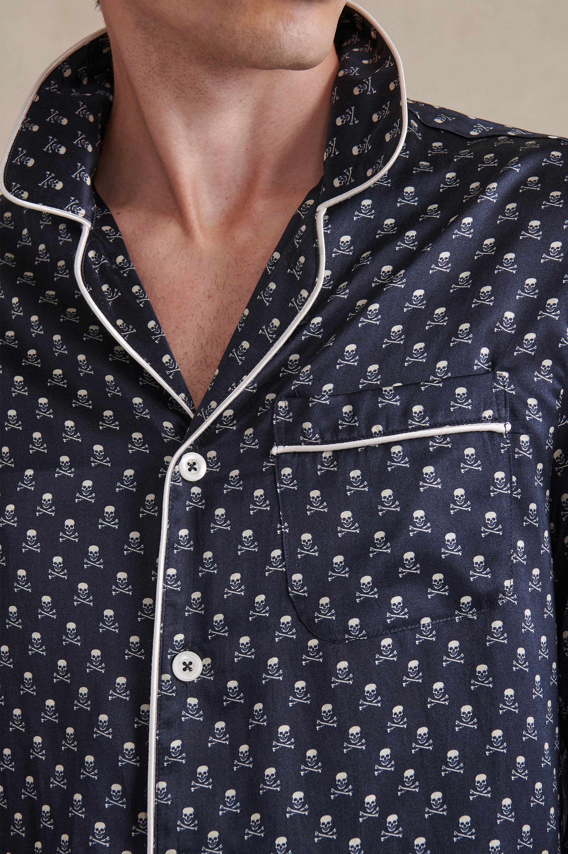 Navy & Cream Skull & Crossbones Silk/Cotton Pyjama Set