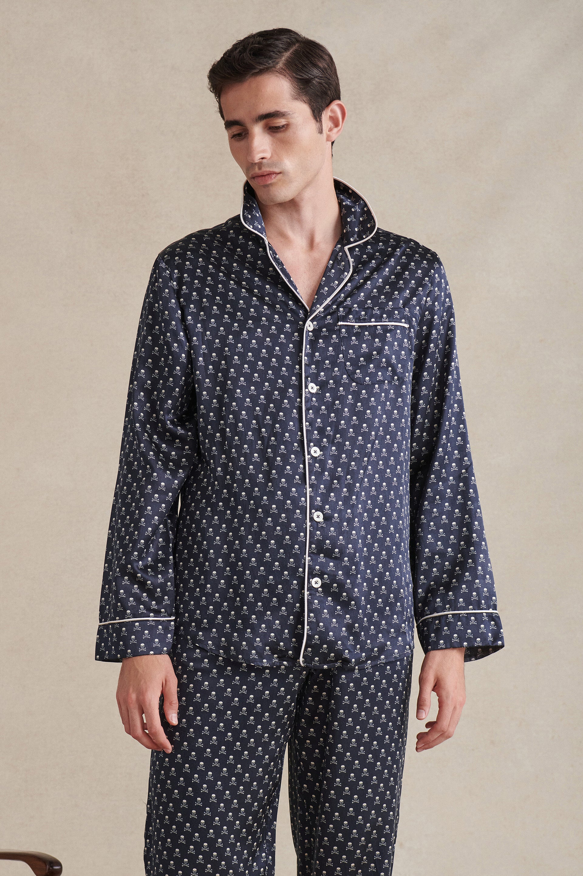 Navy & Cream Skull & Crossbones Silk/Cotton Pyjama Set