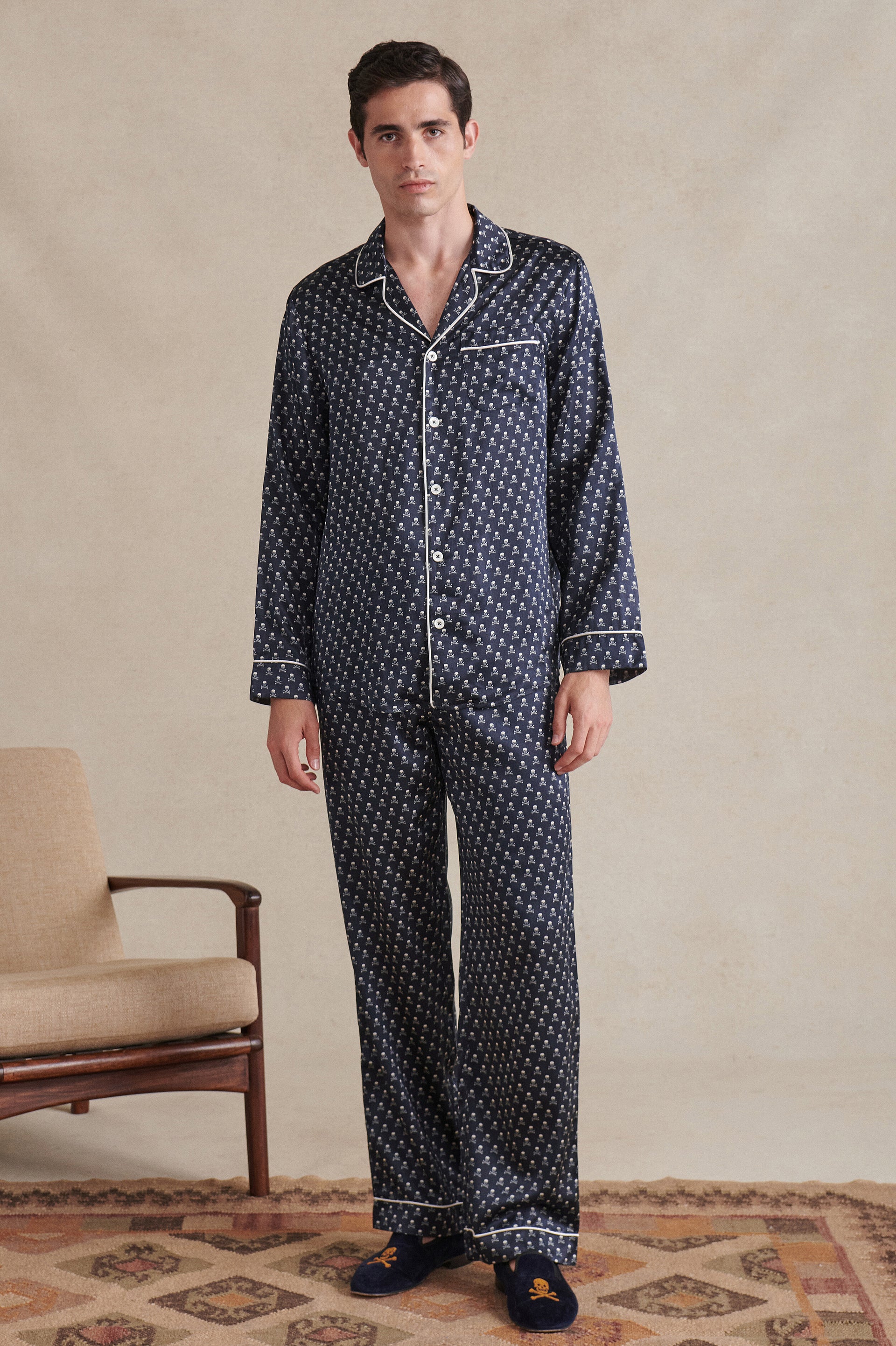 Navy & Cream Skull & Crossbones Silk/Cotton Pyjama Set