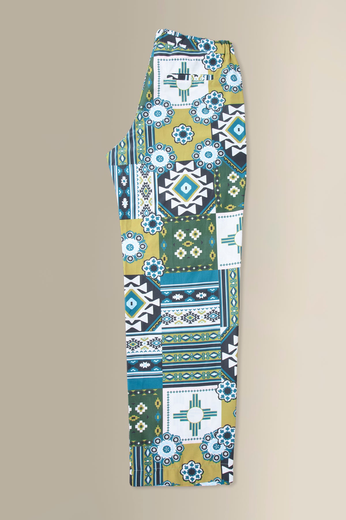 Olive & Teal Mosaic Silk & Cotton Lounge Trousers
