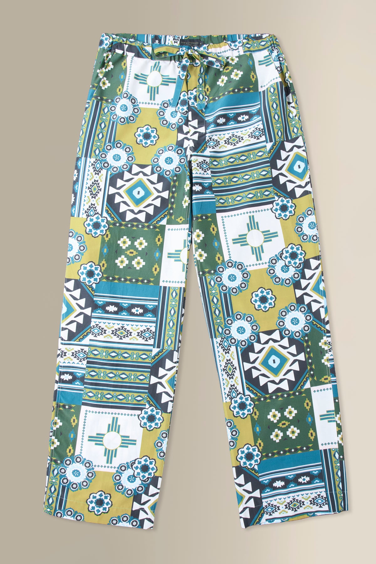 Olive & Teal Mosaic Silk & Cotton Lounge Trousers
