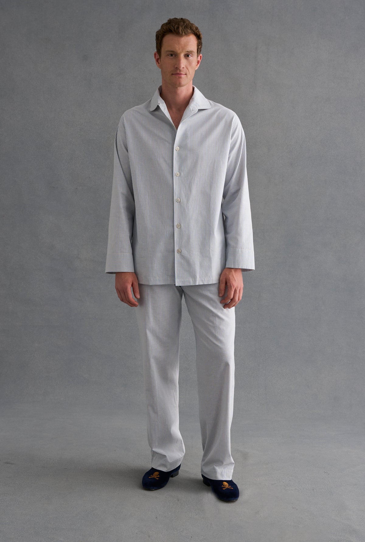 Blue & Cream Candy Stripe Cotton Slub Lounge Shirt