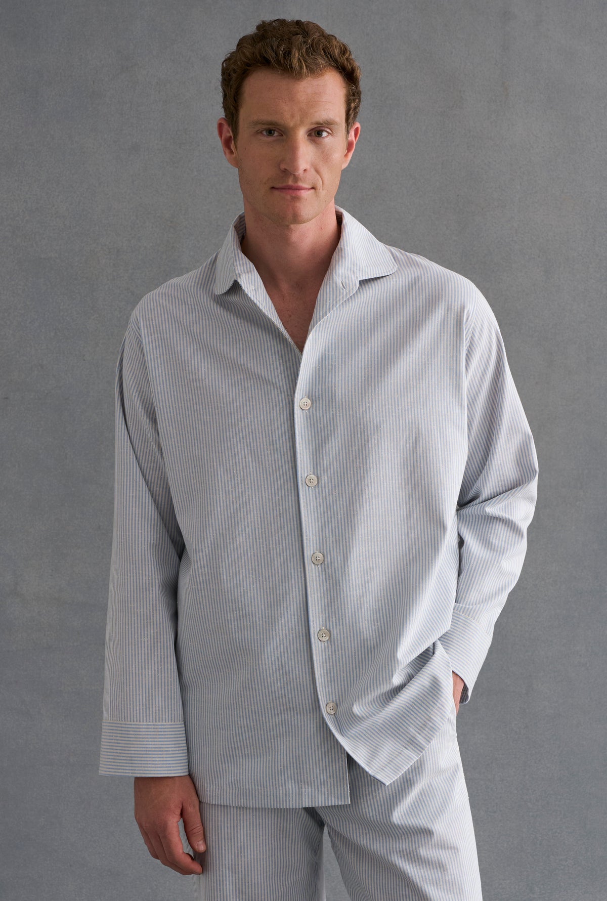 Blue & Cream Candy Stripe Cotton Slub Lounge Shirt