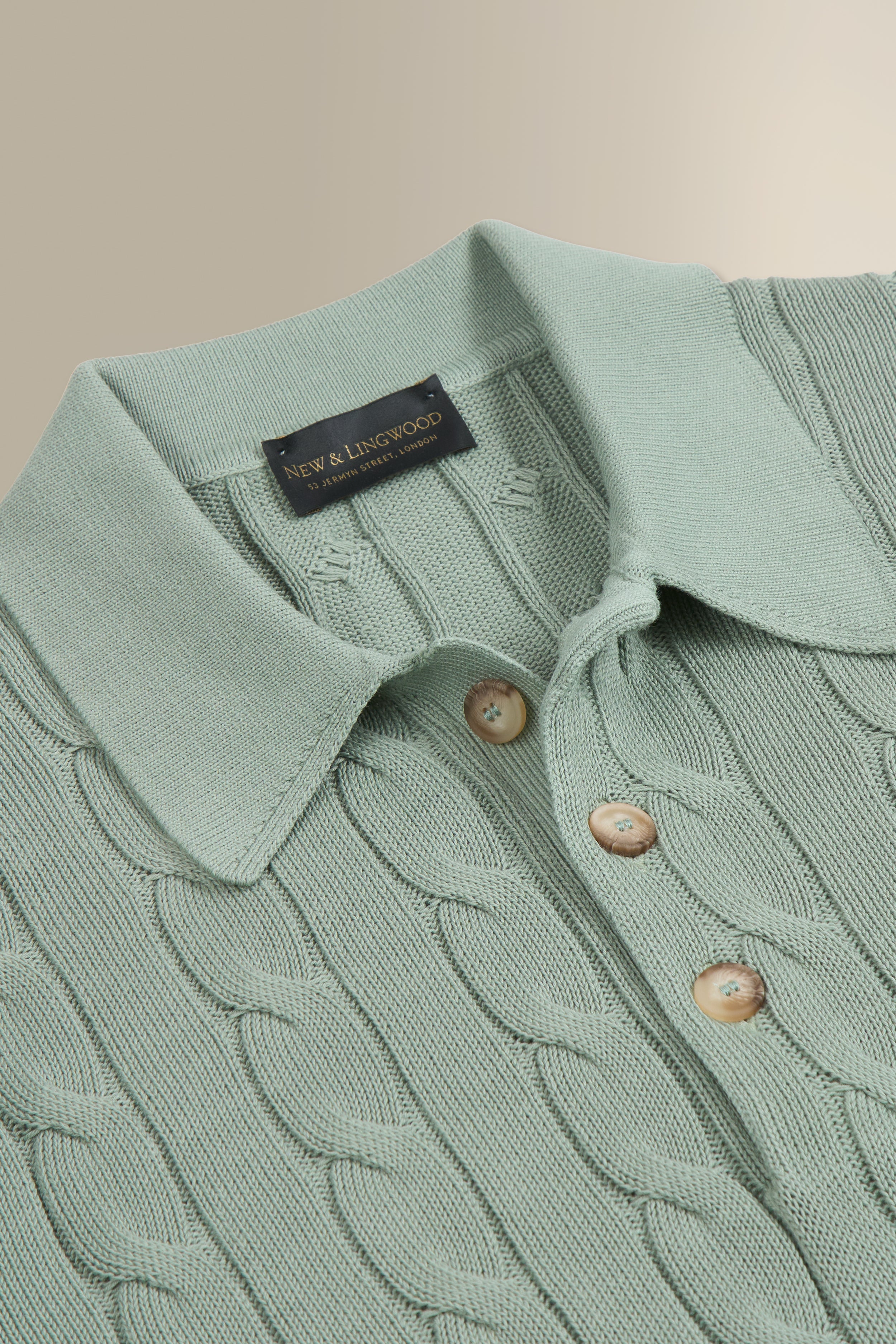 Light Green Cable Knit Short Sleeve Polo Shirt – New and Lingwood