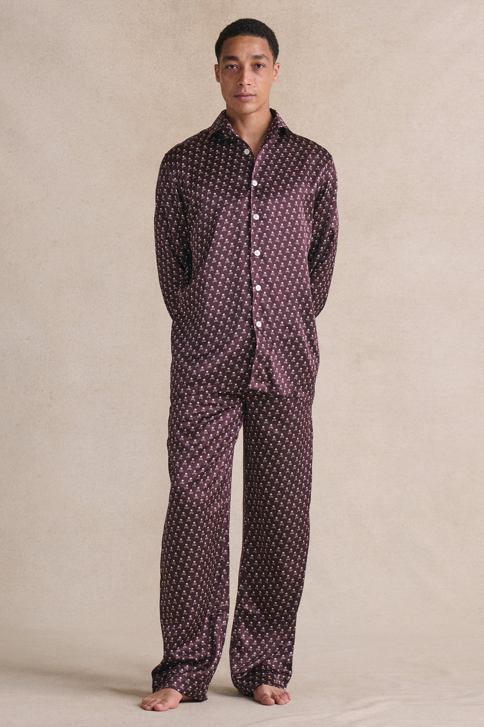 Burgundy & Cream Skull & Crossbones Silk Lounge Trousers