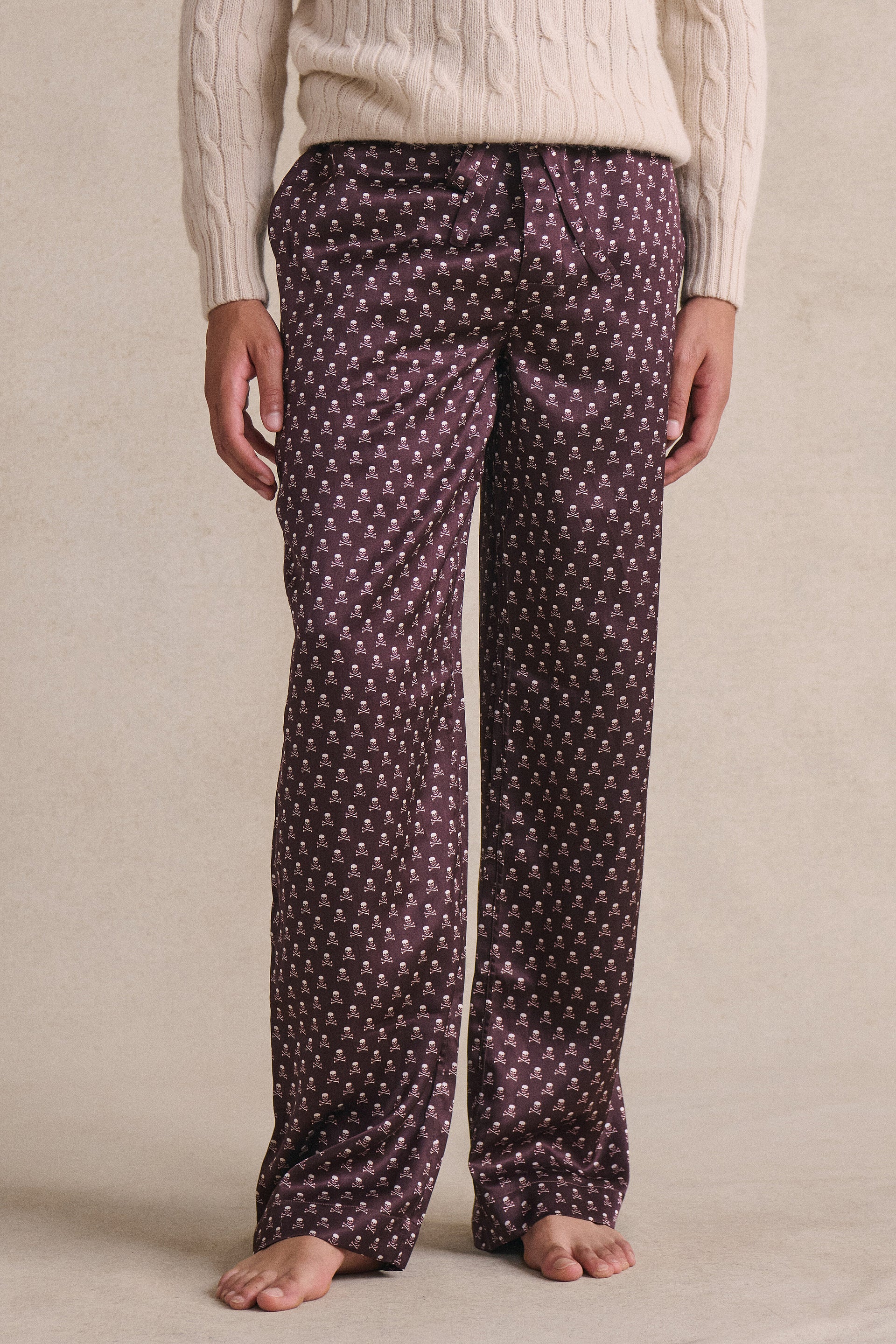 Burgundy & Cream Skull & Crossbones Silk Lounge Trousers