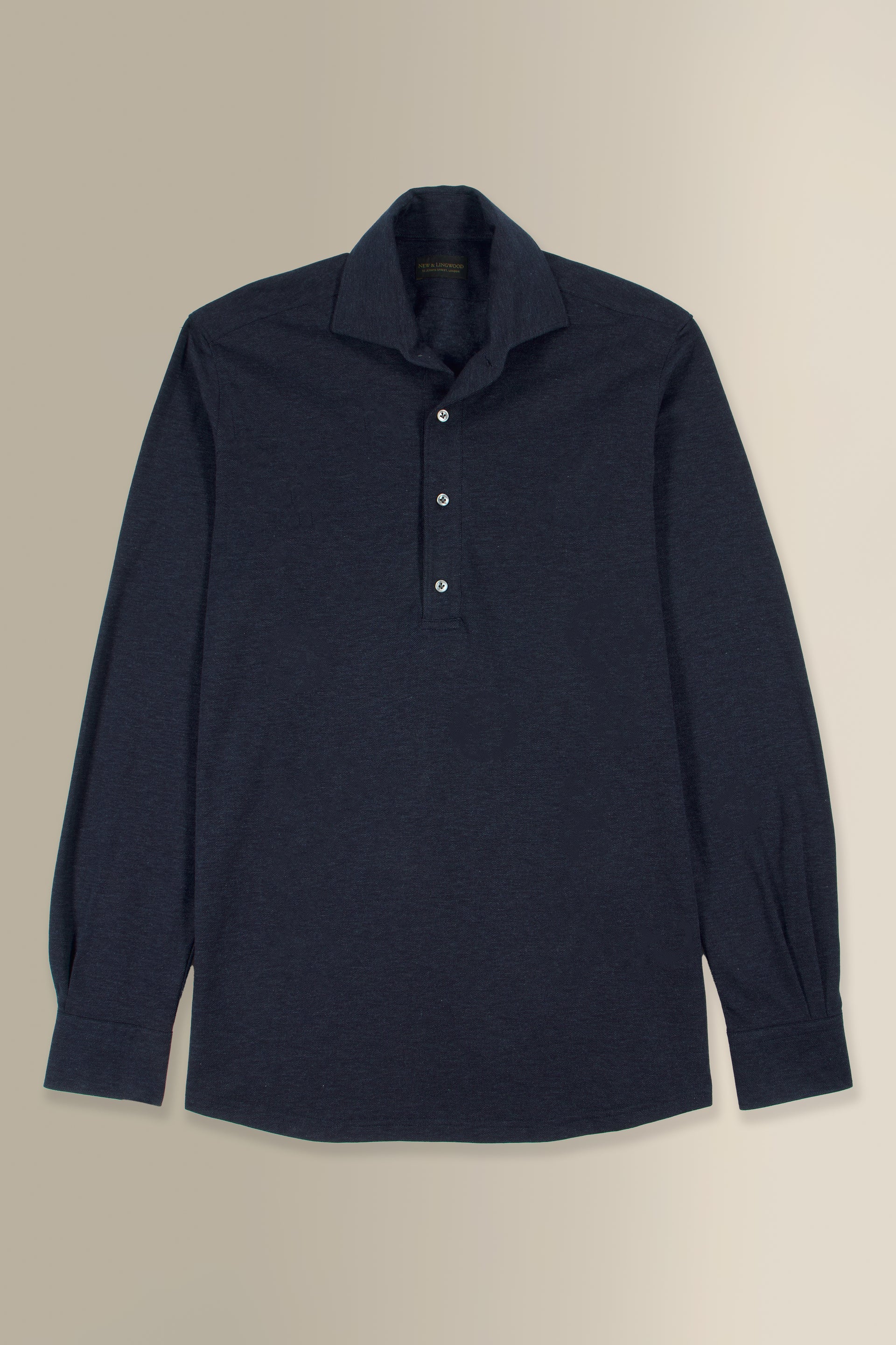 Navy Long Sleeve Pique Cotton Popover Shirt