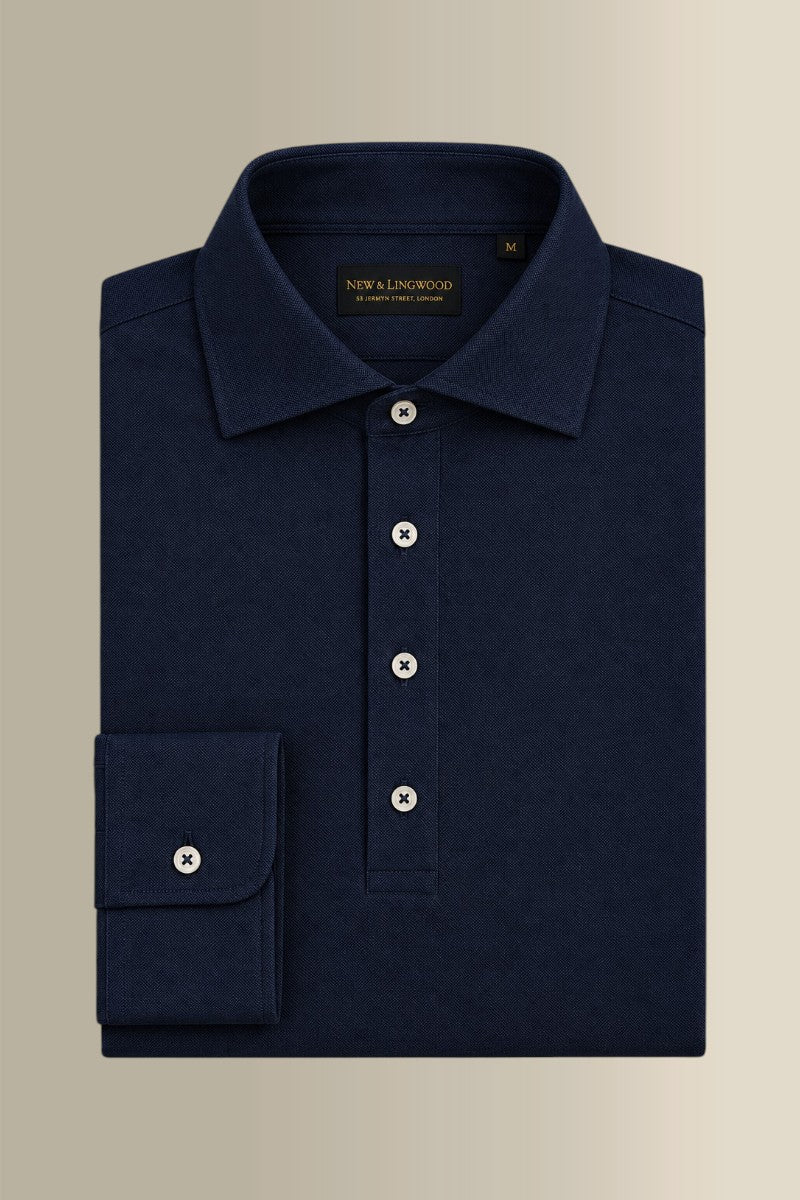 Navy Long Sleeve Pique Cotton Popover Shirt