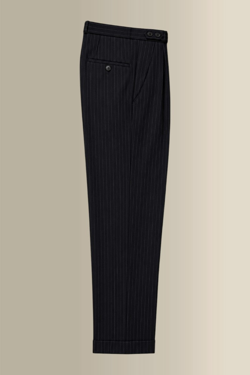 Black Single Pleat Wool Stripe Trousers