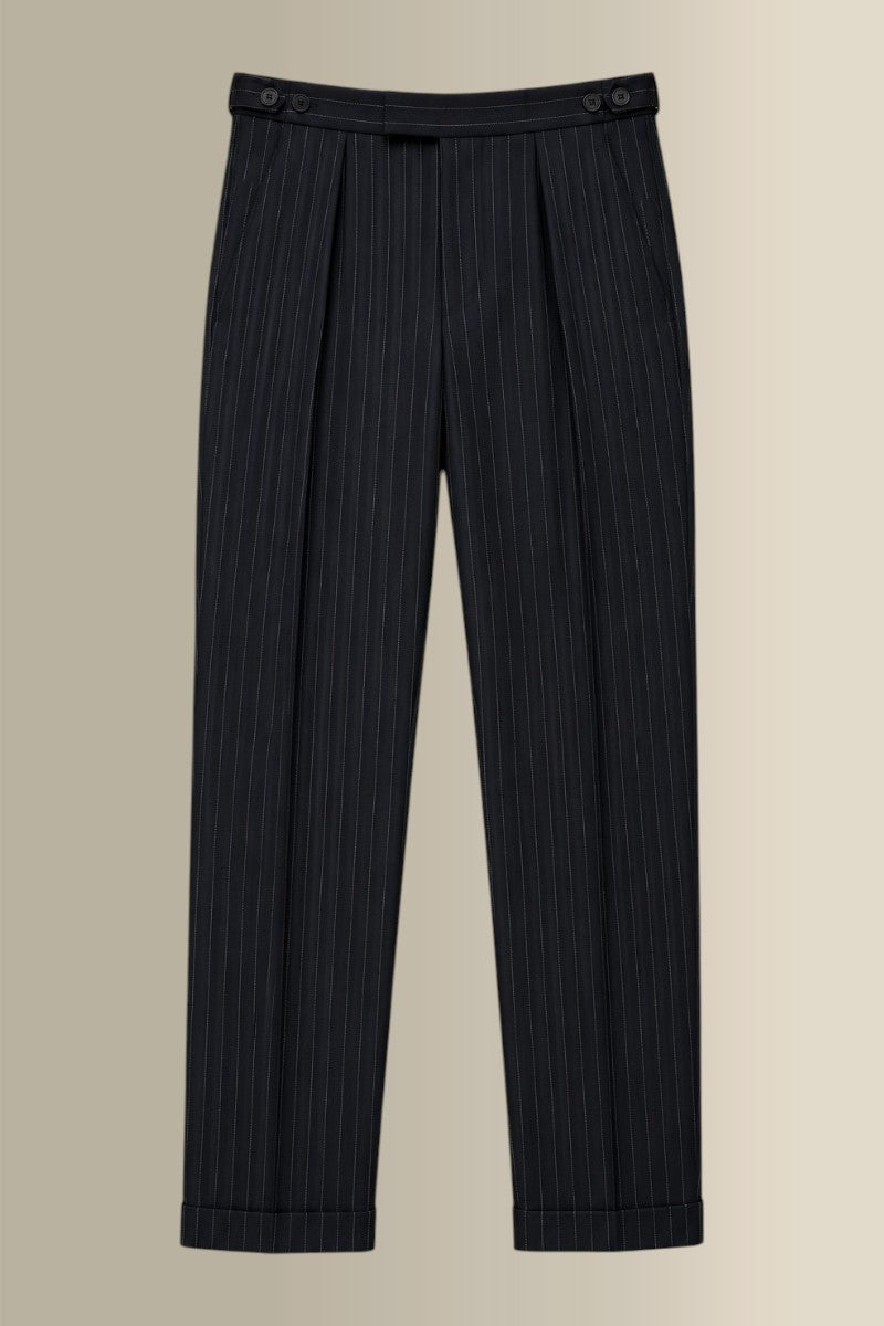 Black Single Pleat Wool Stripe Trousers