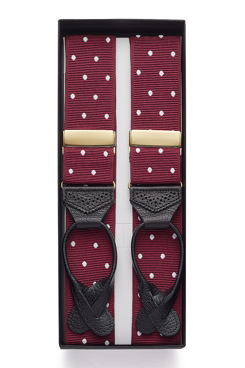 Burgundy & White Spot Barathea Black Leather End Braces