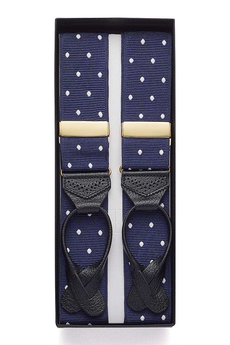 Navy & White Spot Barathea Black Leather End Braces