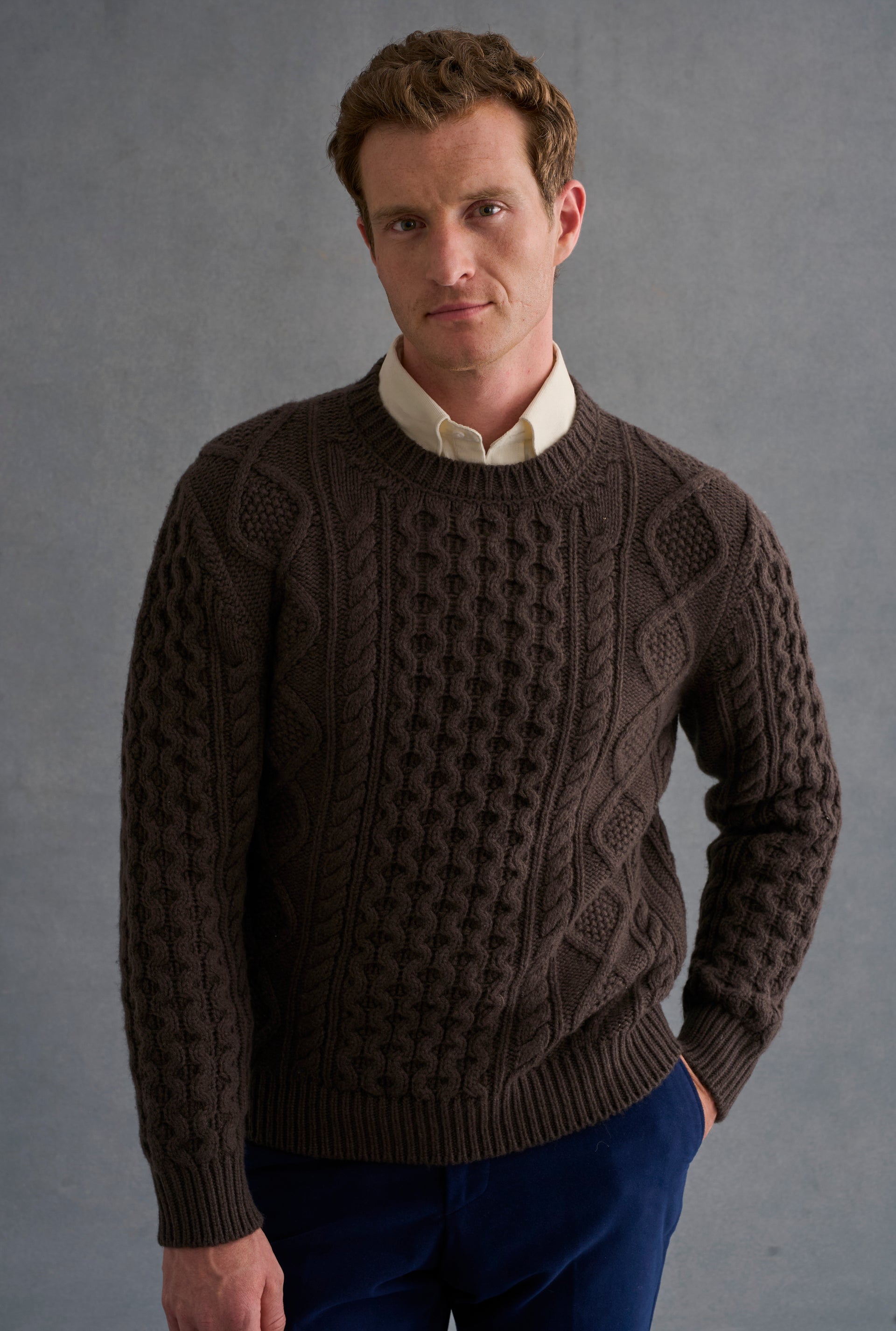 Brown Cable Knit Crew Neck Brushed Wool & Cashmere Jumper