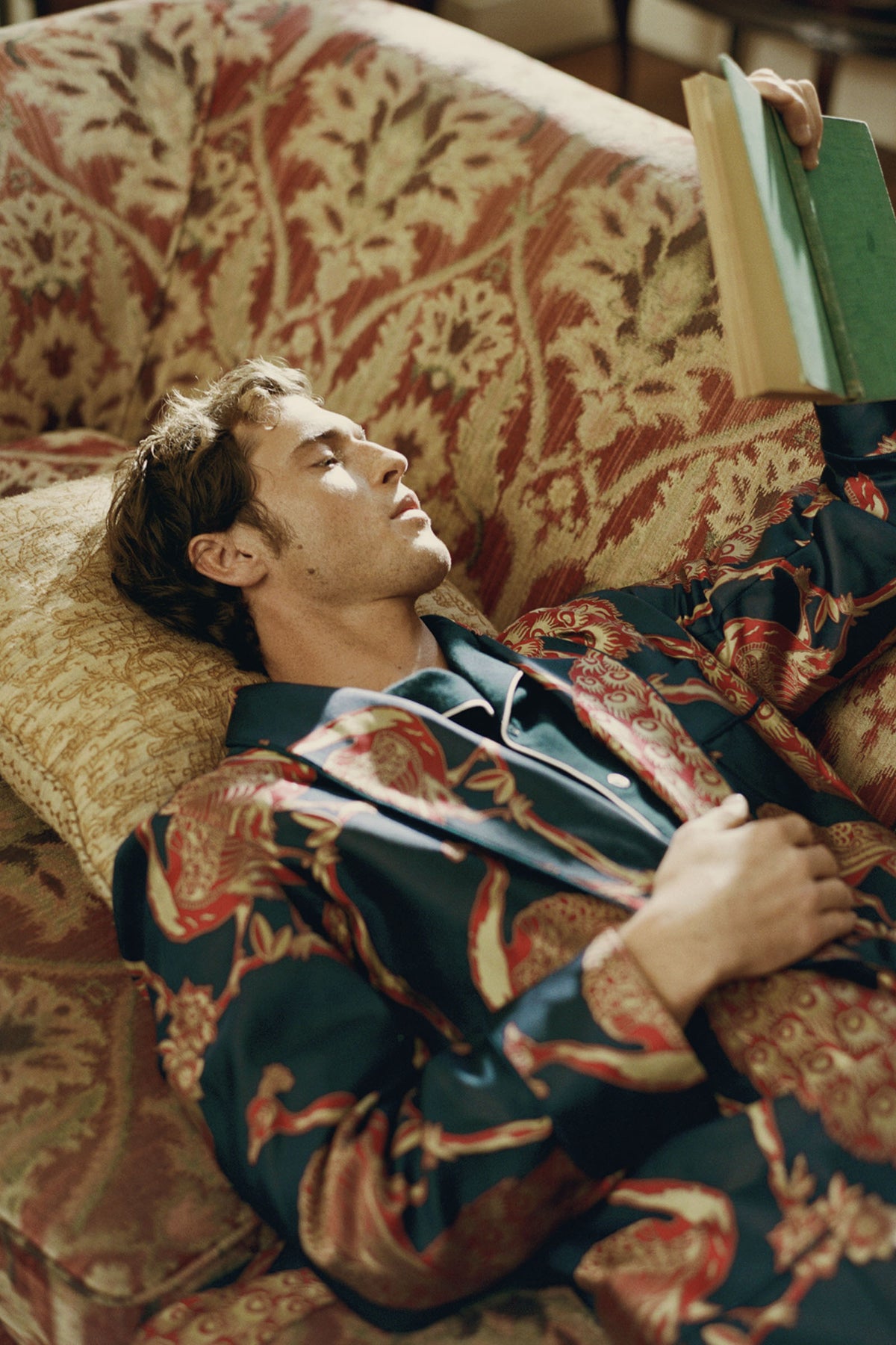Navy & Red Peacock Unlined Silk Dressing Gown