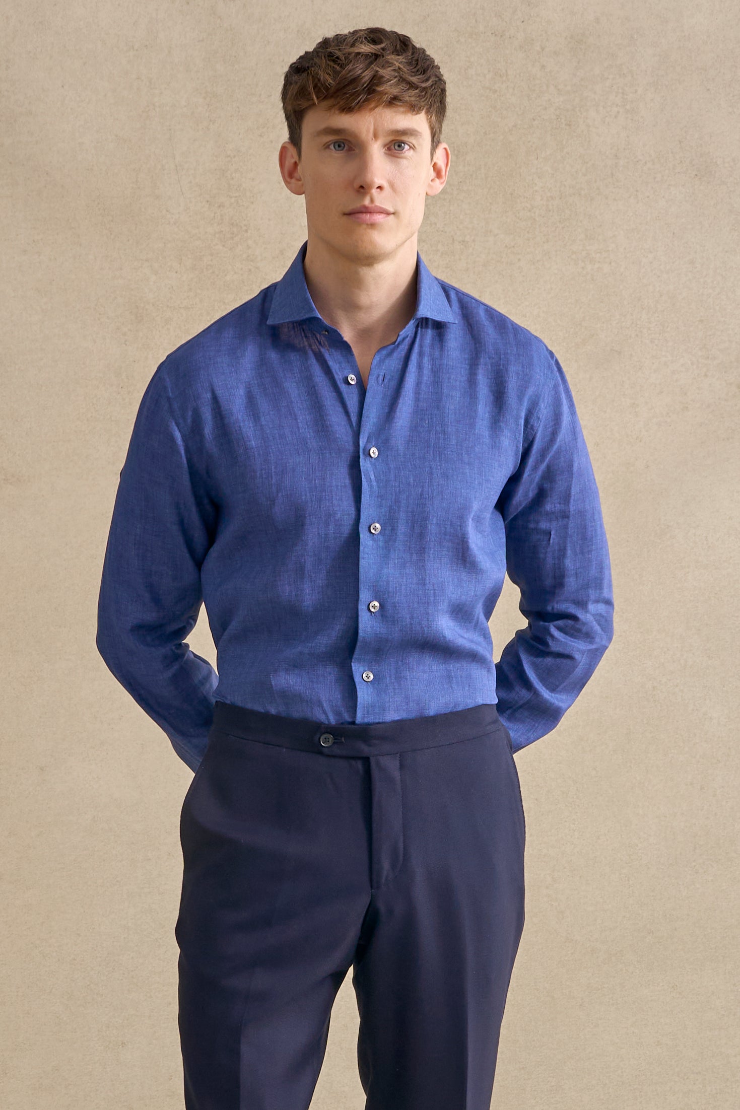 Blue Cutaway Collar Standard Fit Linen Shirt