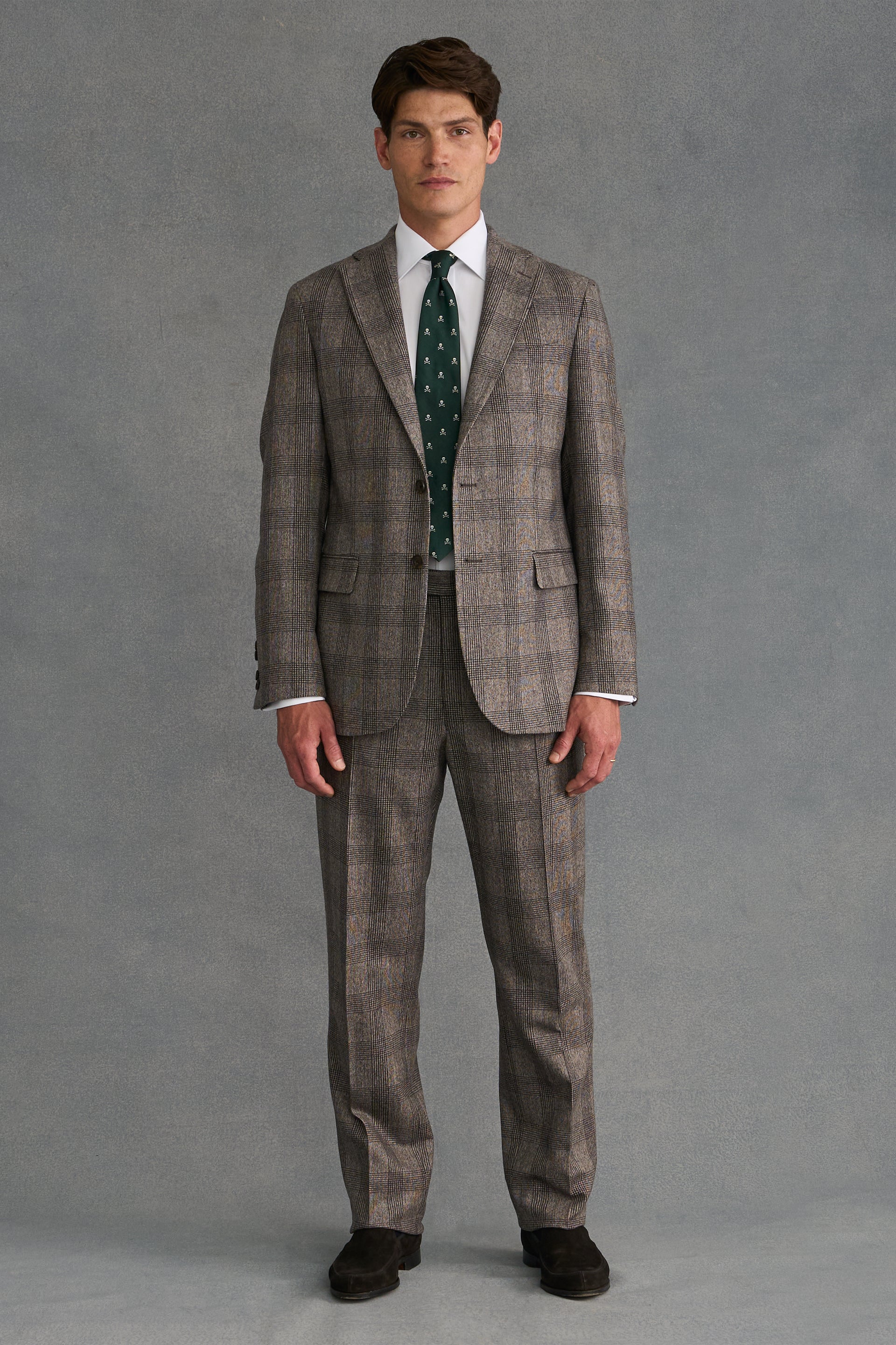 Brown Prince of Wales Check Single Breasted Flannel Suit Jacket