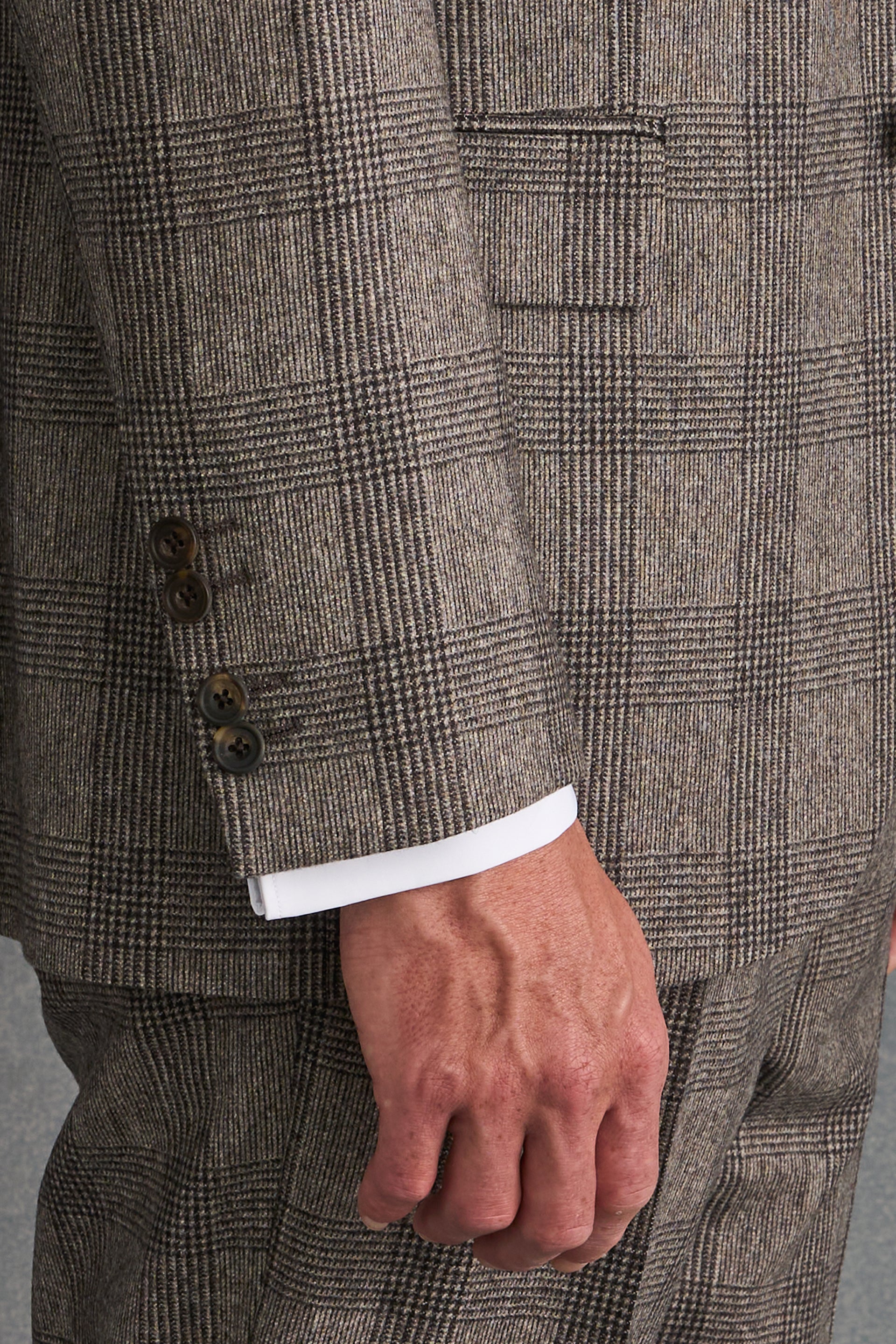 Brown Prince of Wales Check Single Breasted Flannel Suit Jacket