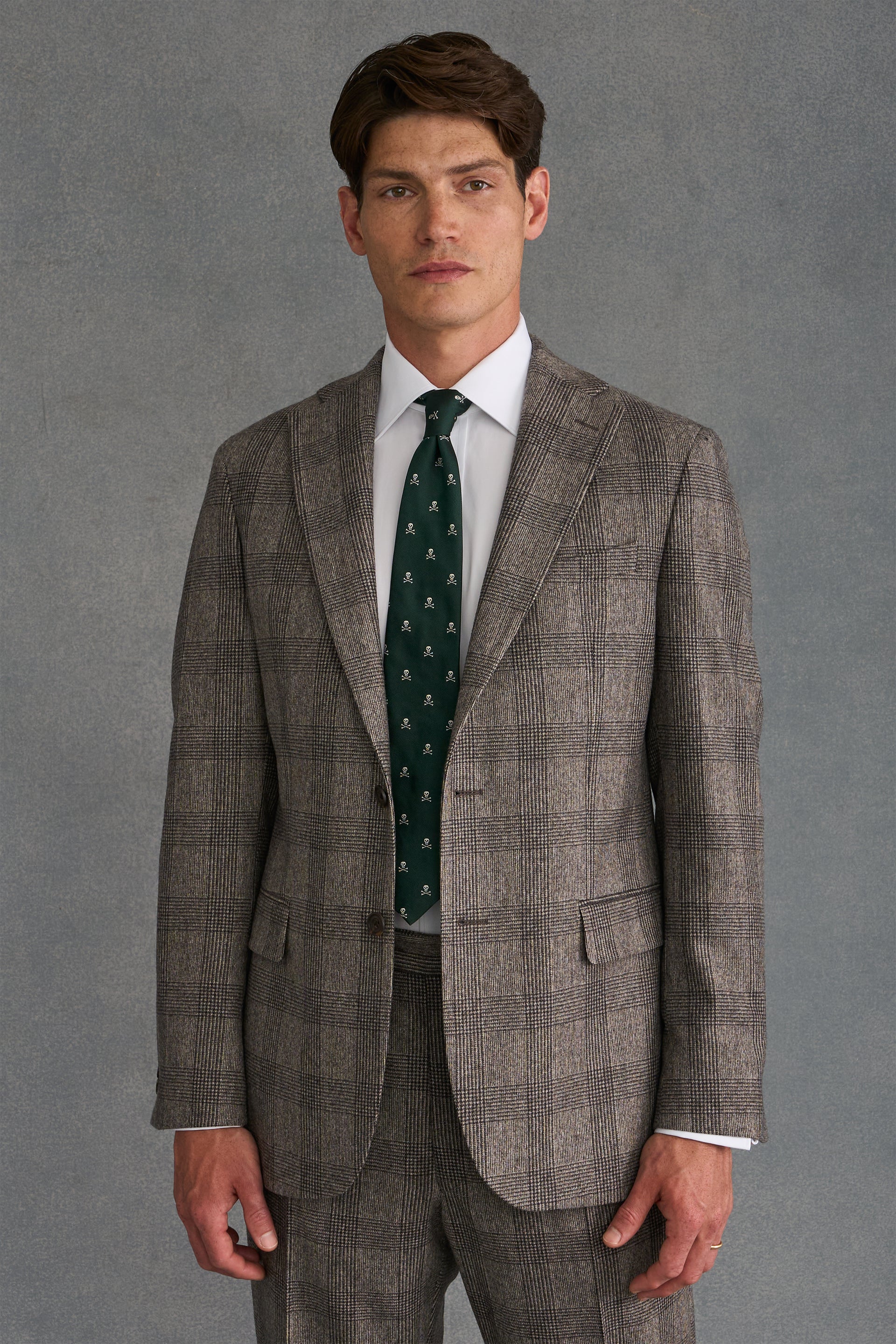 Brown Prince of Wales Check Single Breasted Flannel Suit Jacket