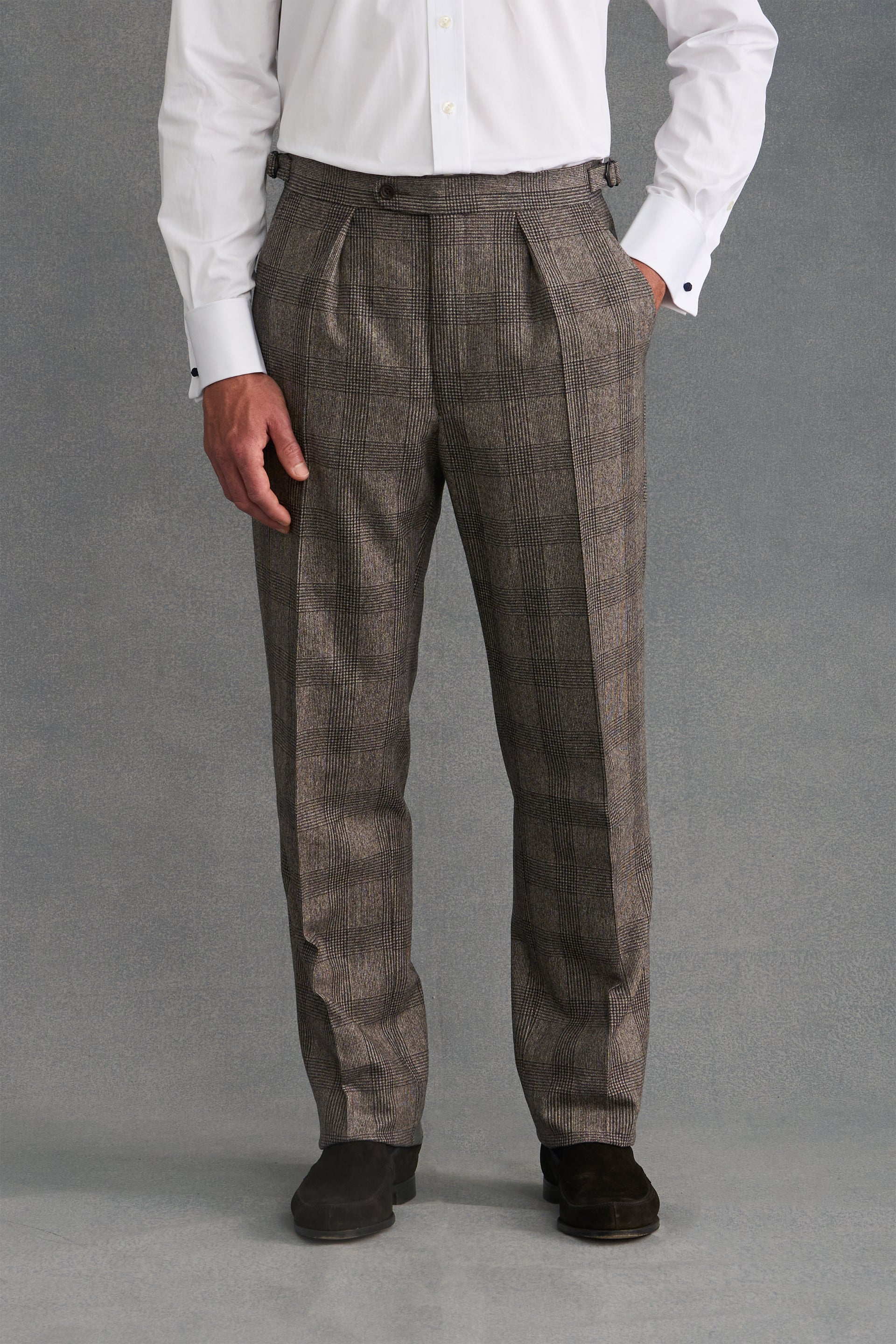 Brown Prince of Wales Check Single Pleat Flannel Suit Trousers